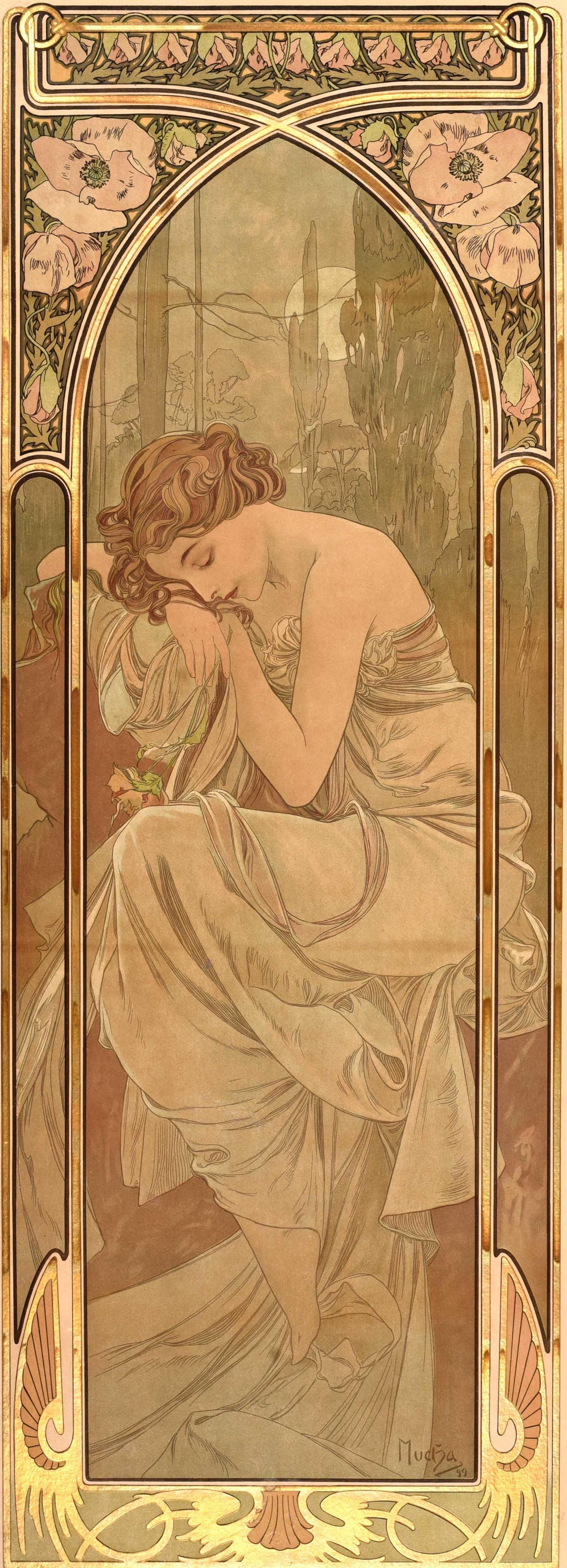 Originales antikes Plakat - Repos De La Nuit / Nachtruhe - des bedeutenden tschechischen Illustrators, Grafikers und Malers Alphonse Mucha (Alfons Maria Mucha; 1860-1939) aus seiner Serie dekorativer Tafeln mit dem Titel The Times of the Day (Die