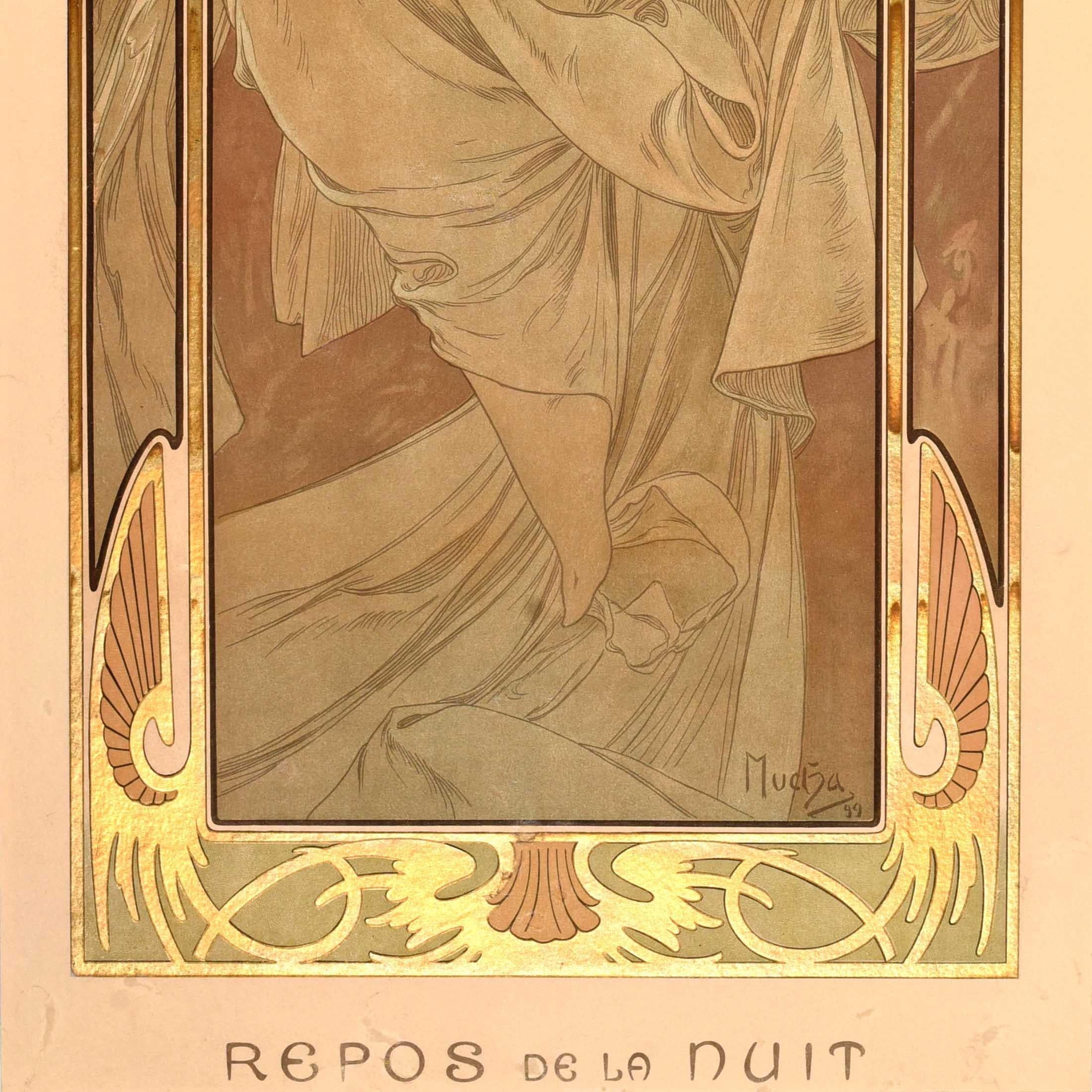 Original Antike Poster Zeiten des Tages Repos De La Nuit Nachtruhe Mucha im Zustand „Gut“ im Angebot in London, GB