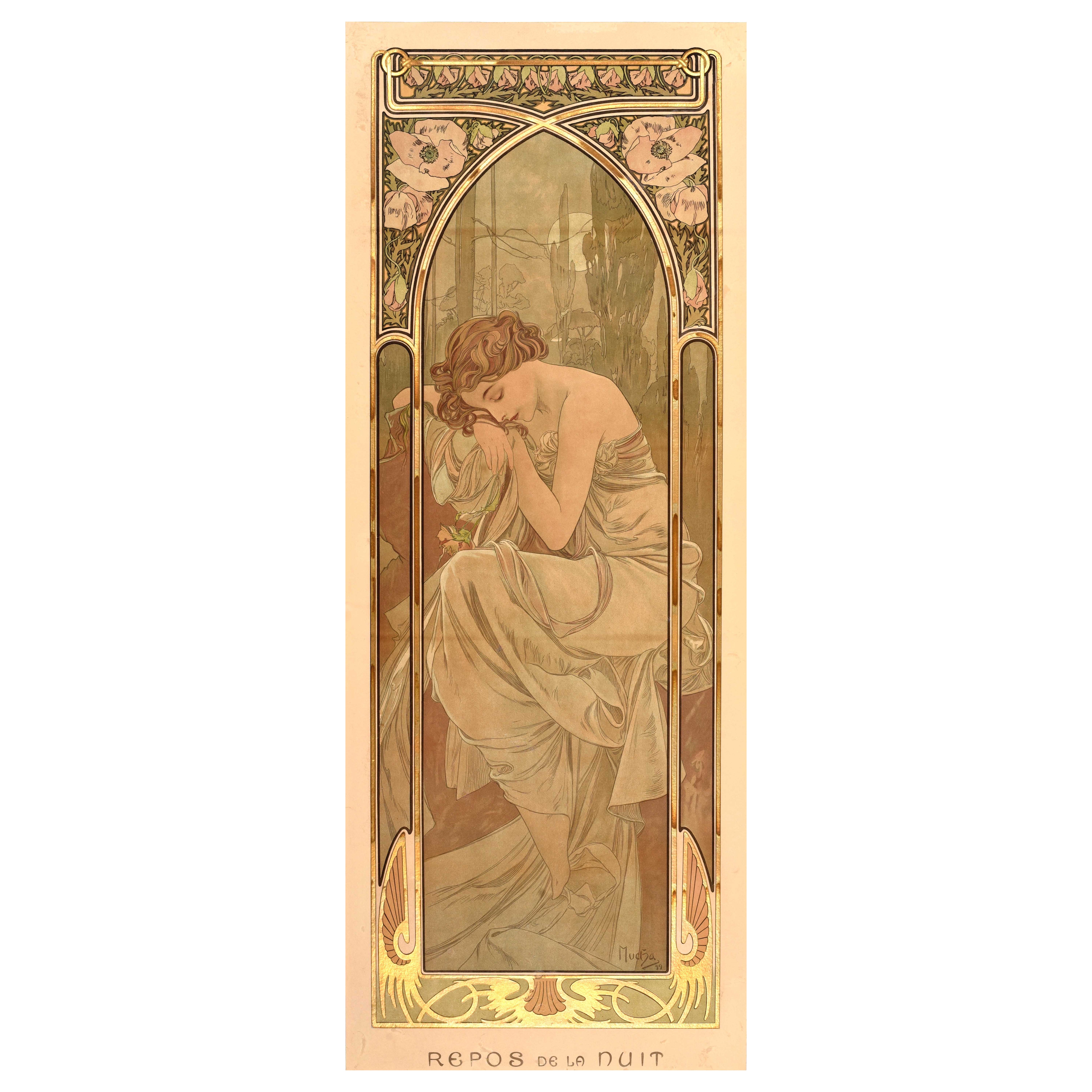 Original Antike Poster Zeiten des Tages Repos De La Nuit Nachtruhe Mucha