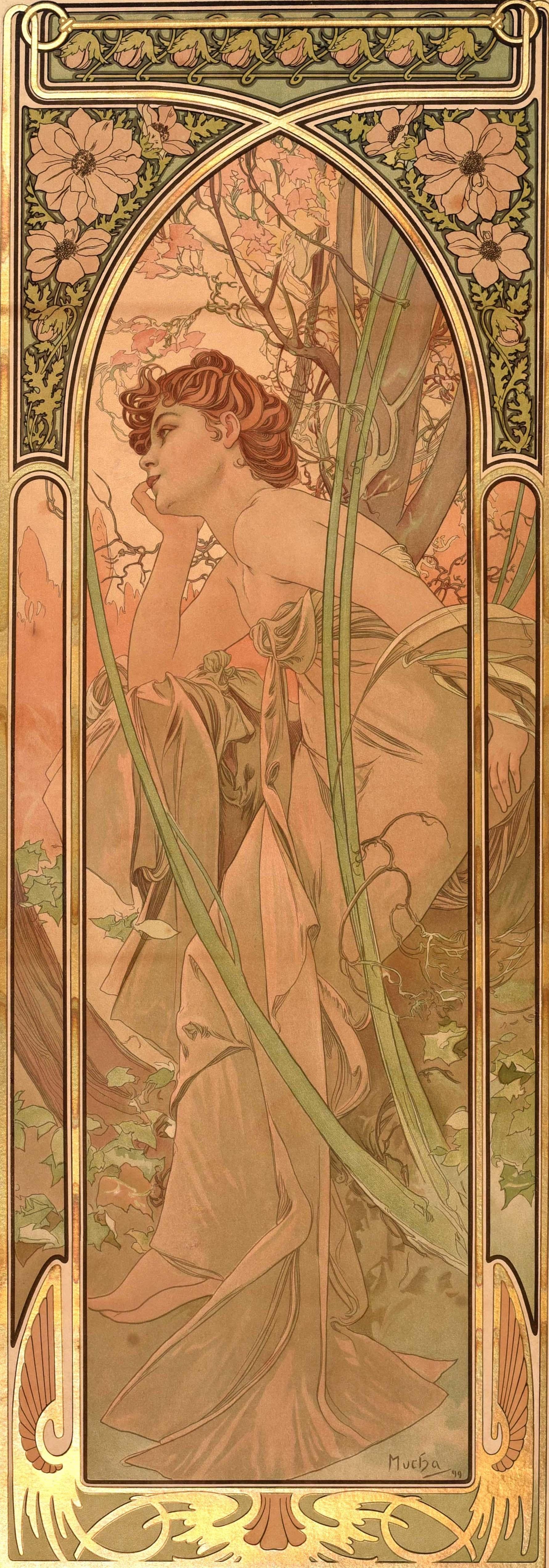Originales antikes Plakat - Reverie du Soir / Evening Reverie (oder Evening Contemplation) - des bedeutenden tschechischen Illustrators, Grafikers und Malers Alphonse Mucha (Alfons Maria Mucha; 1860-1939) aus seiner Serie von Tafeln mit dem Titel