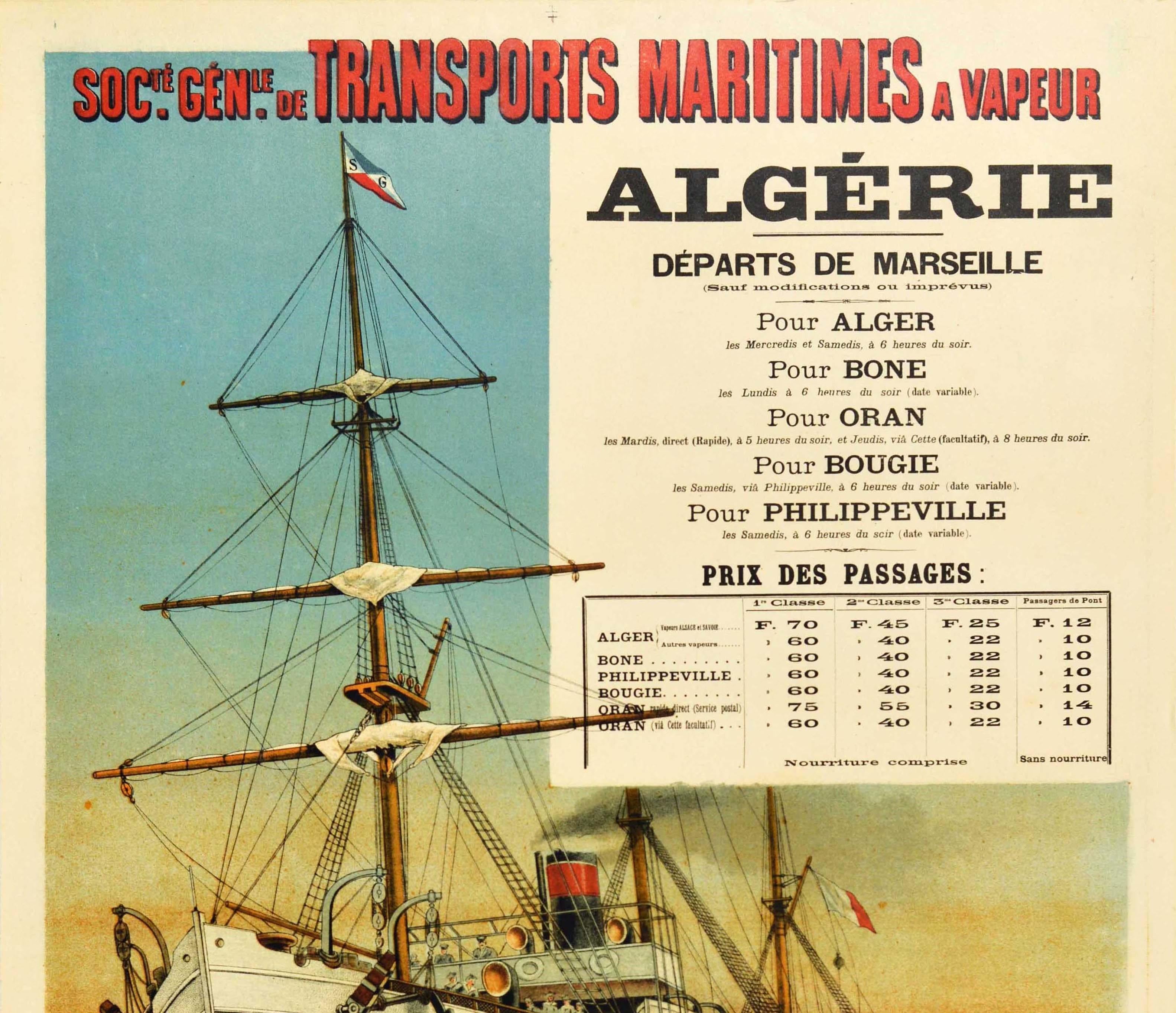 Original antique travel poster advertising cruise holidays to Algeria in north Africa from Marseilles France and to Dakar Bresil / Brazil and La Plata South America with the General Society of Maritime Steam Transport / Societe Generale de Transport
