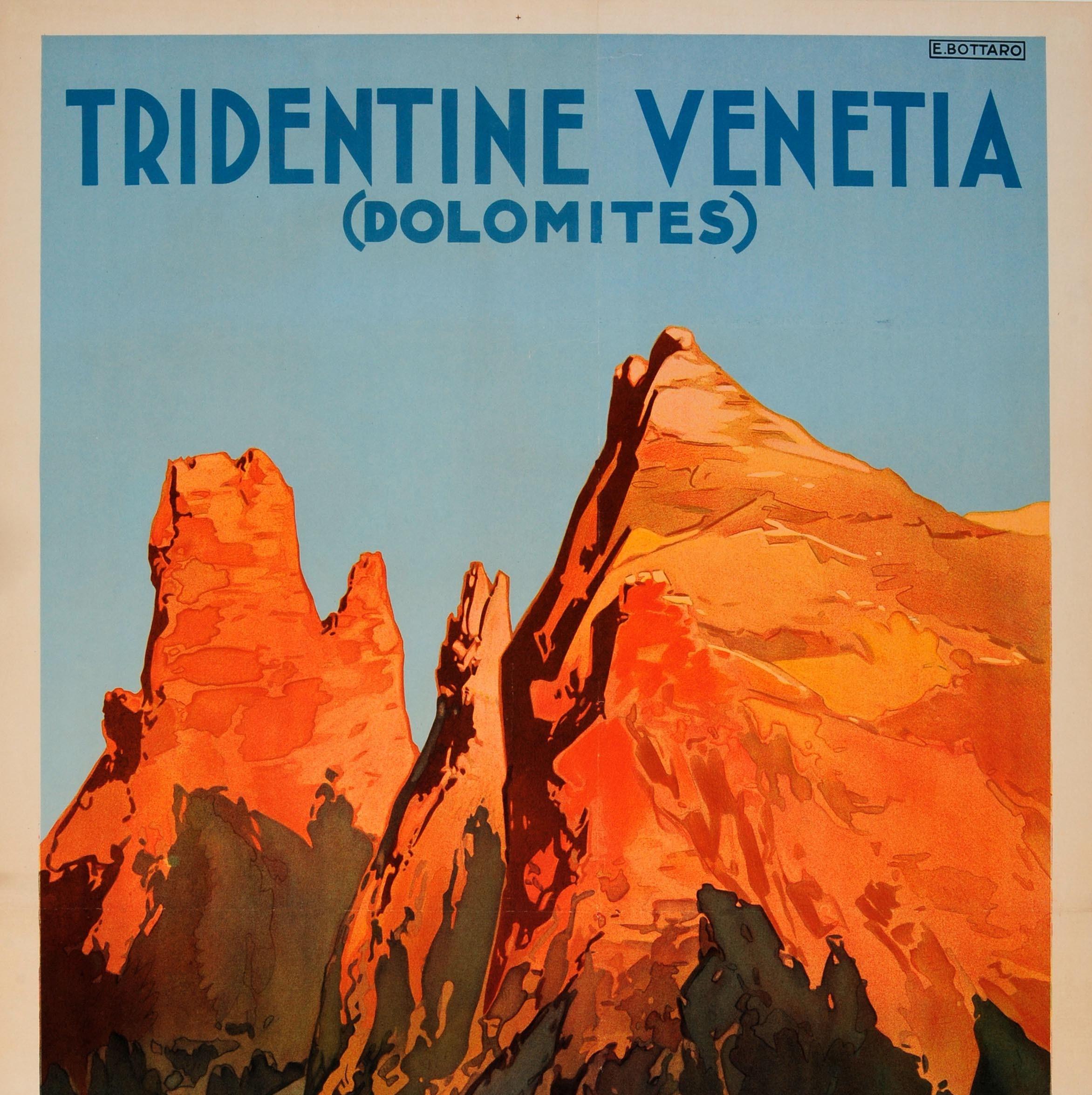 Original antique travel poster for Tridentine Venetia (Dolomites) in Italy issued by the Italian tourist board ENIT / Ente Nazionale Italiano per il Turismo featuring stunning artwork of a countryside path leading to a building between trees with