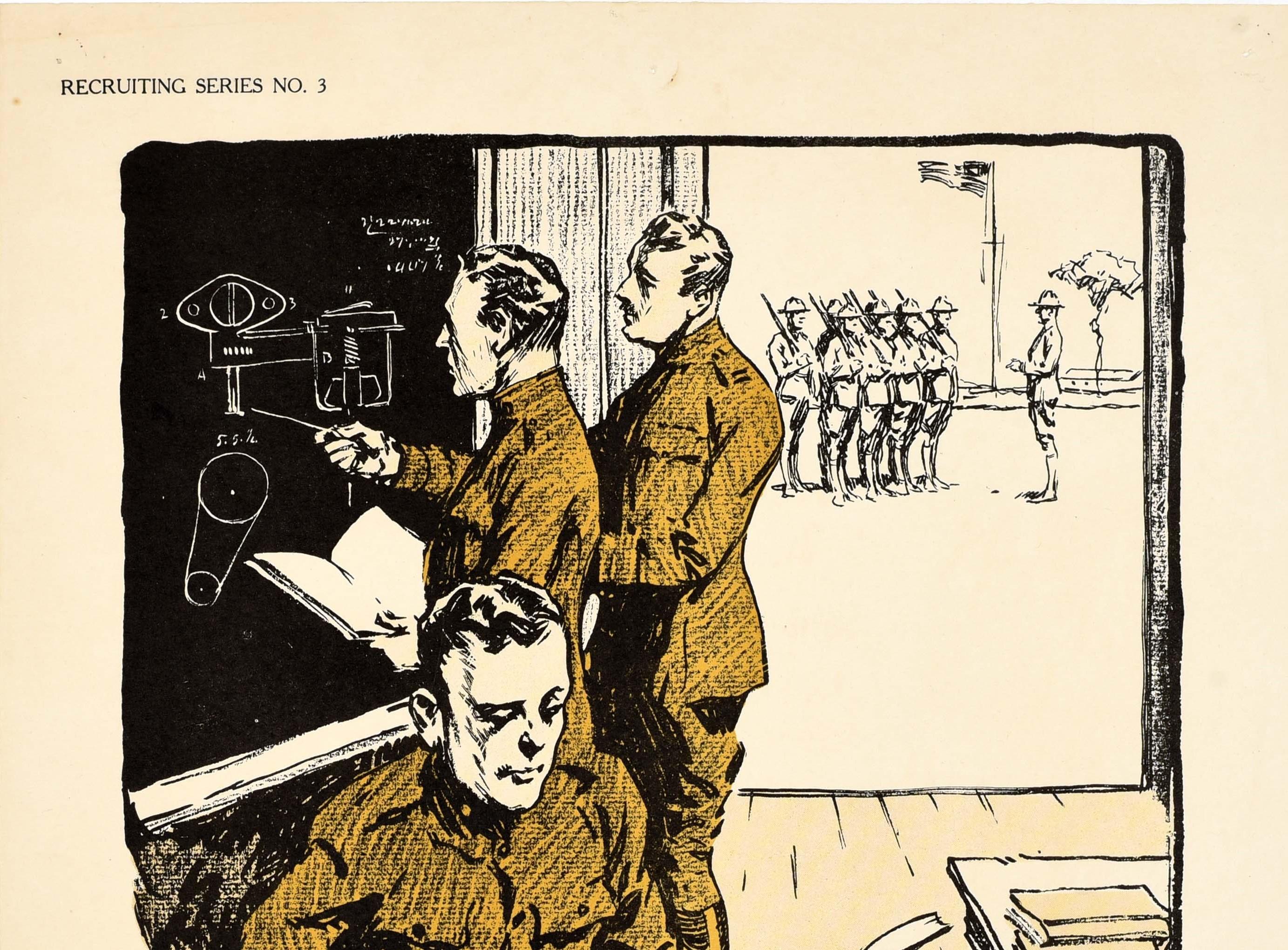 Original antique World War One military recruitment poster - The U.S. Army wants real men Join the University in Khaki and fit yourself for higher rank in civil life or a commission in the army You earn while you learn - featuring a great design