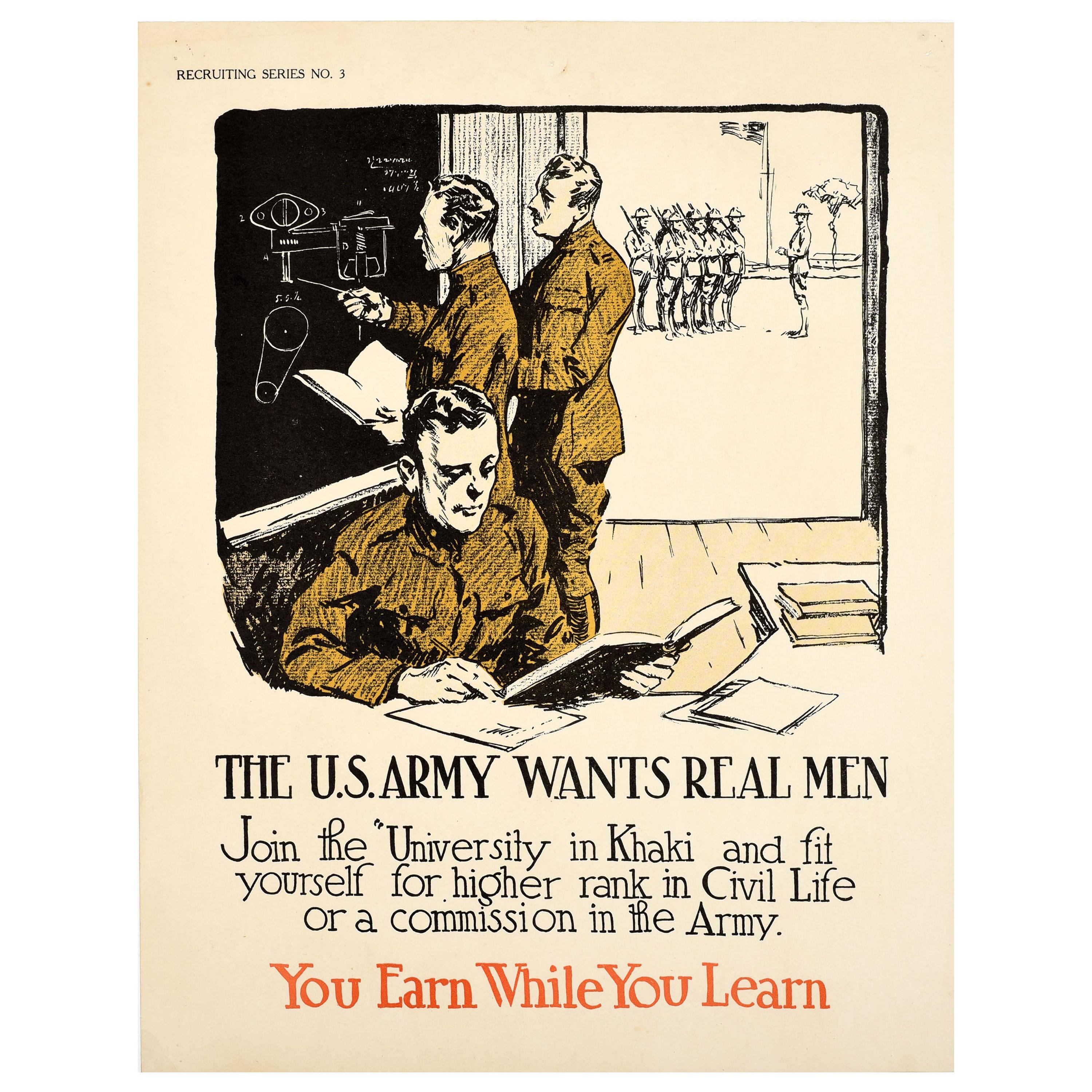 Affiche vintage d'origine d'antiquités L'armée américaine veut des hommes réels pour l'éducation militaire
