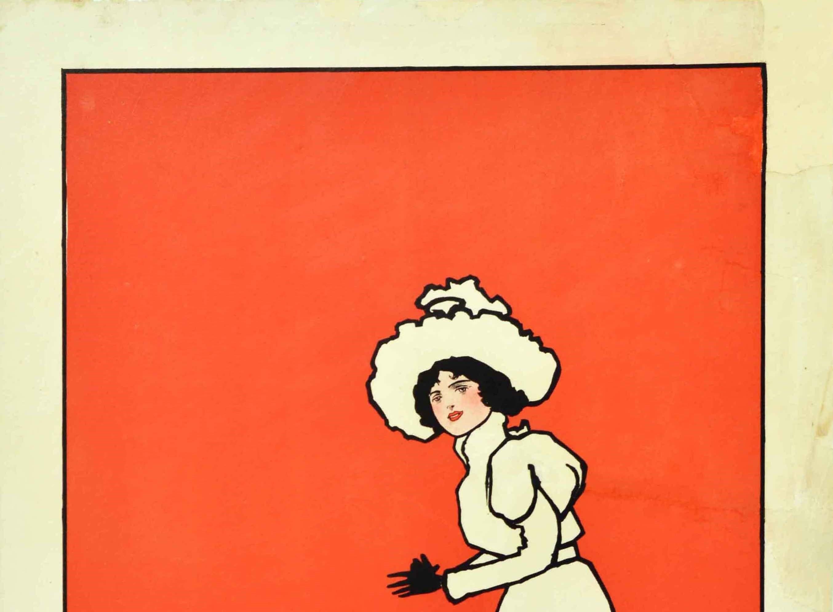 Original antique fashion advertising poster featuring an illustration by the notable artist John Hassall (1868-1948) of an elegantly dressed Victorian lady in a long white dress and white hat looking towards the viewer, depicted against a black and