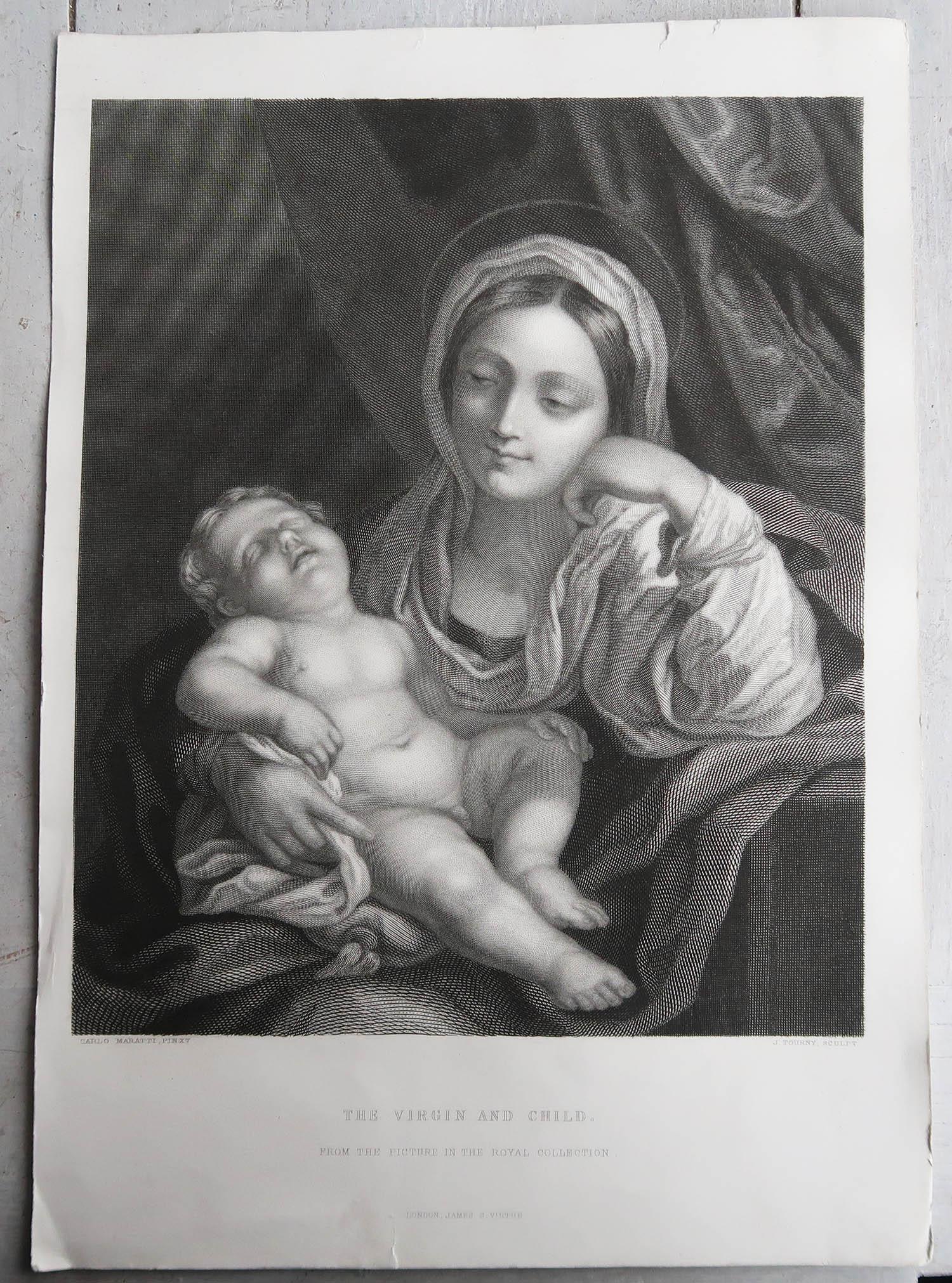 Renaissance Original Antique Print After Carlo Maratta, Virgin and Child, circa 1850 For Sale
