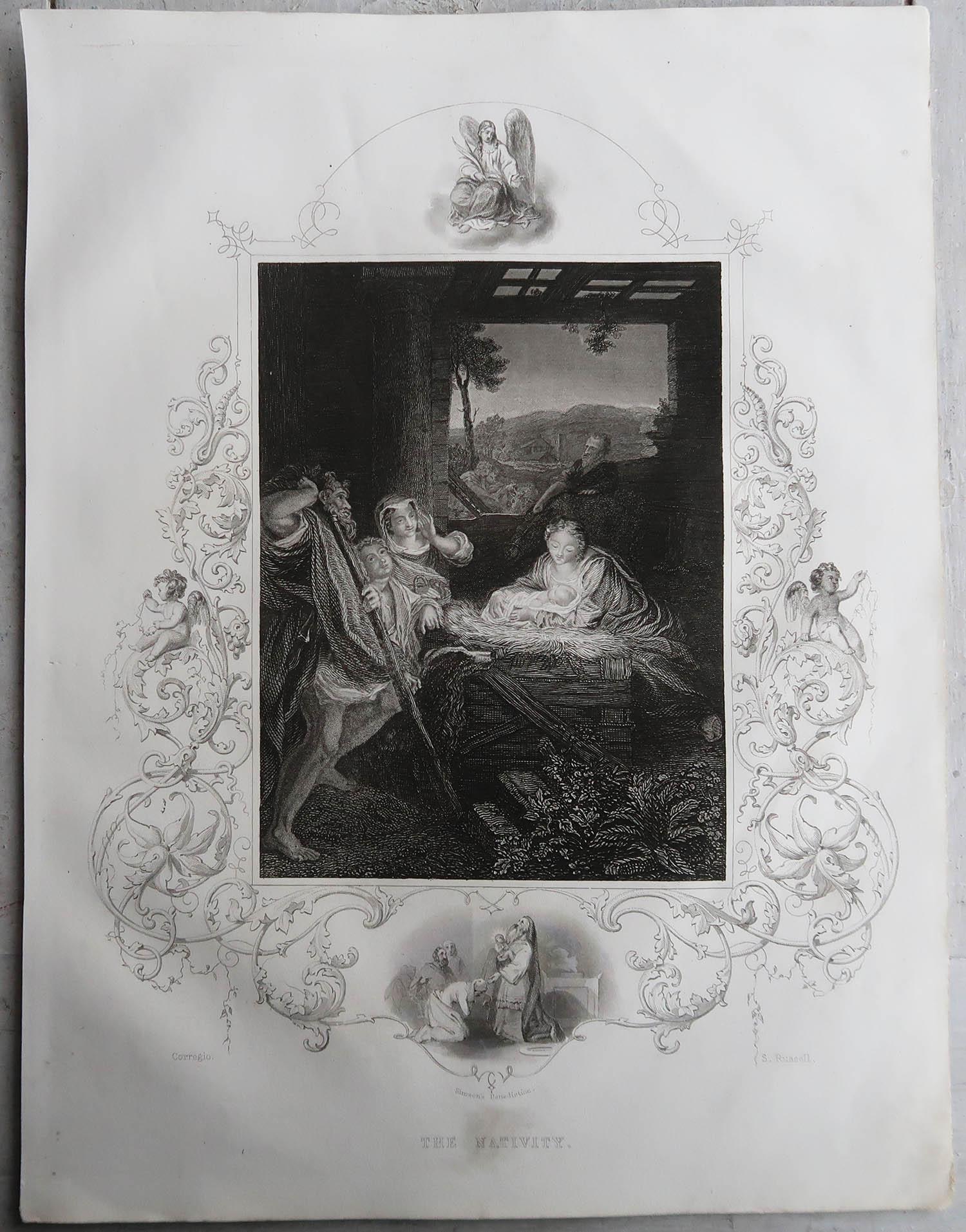 Renaissance Original Antique Print After Correggio, the Nativity, circa 1850 For Sale