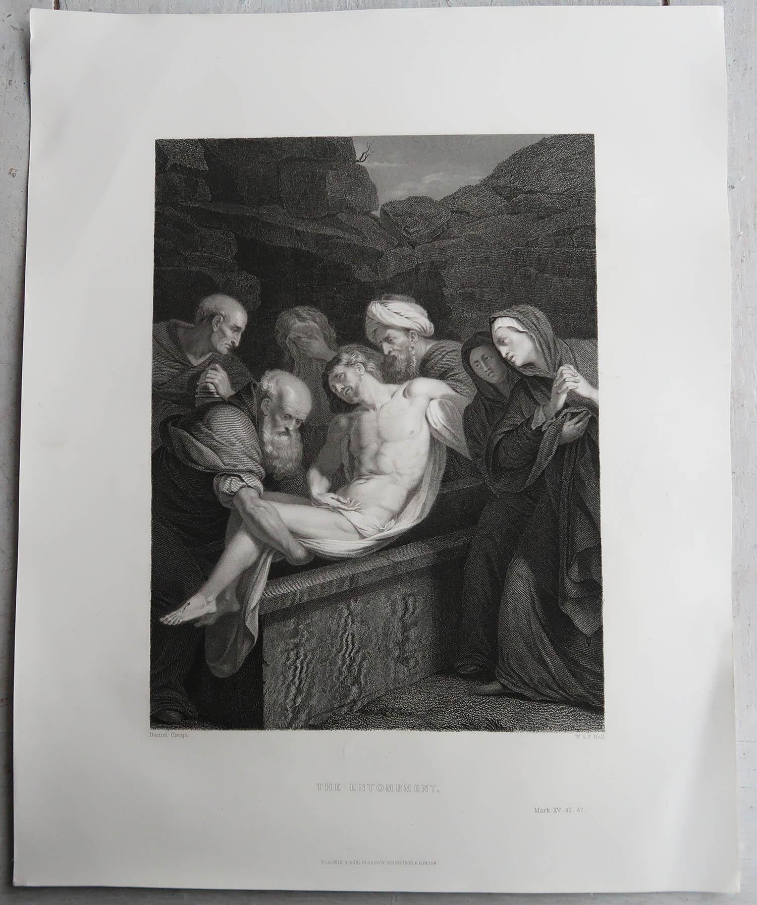 English Original Antique Print After Daniele Crespi, Entombment of Christ, circa 1840 For Sale