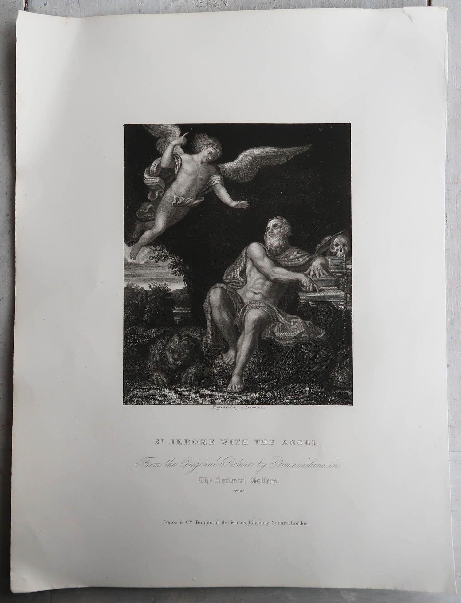 English Original Antique Print After Domenichino, St. Jerome and the Angel, circa 1850 For Sale