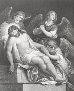 Stampa antica originale dopo Francesco Salviati "La sepoltura di Cristo". C.1850