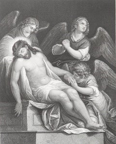 Stampa antica originale dopo Francesco Salviati "La sepoltura di Cristo". C.1850