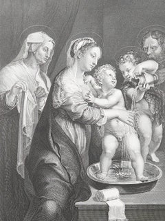 Original Antique Print After Giulio Romano " Holy Family ". C.1850