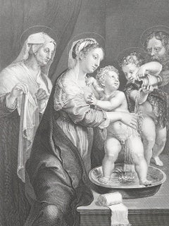 Original Antique Print After Giulio Romano " Holy Family ". C.1850