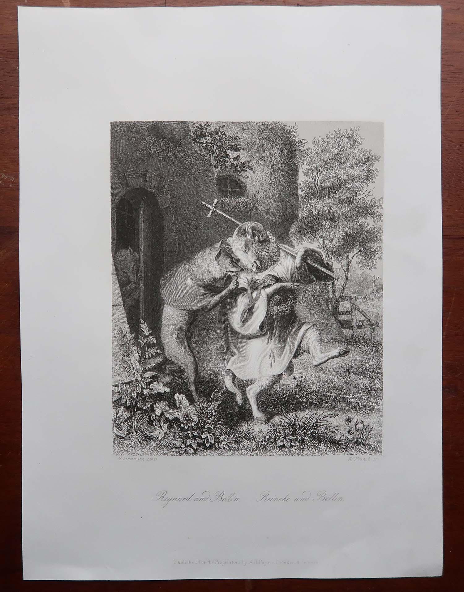 Anglais Gravure ancienne originale d'après H. Leutemann, Reynard le Renard et Bellin en vente