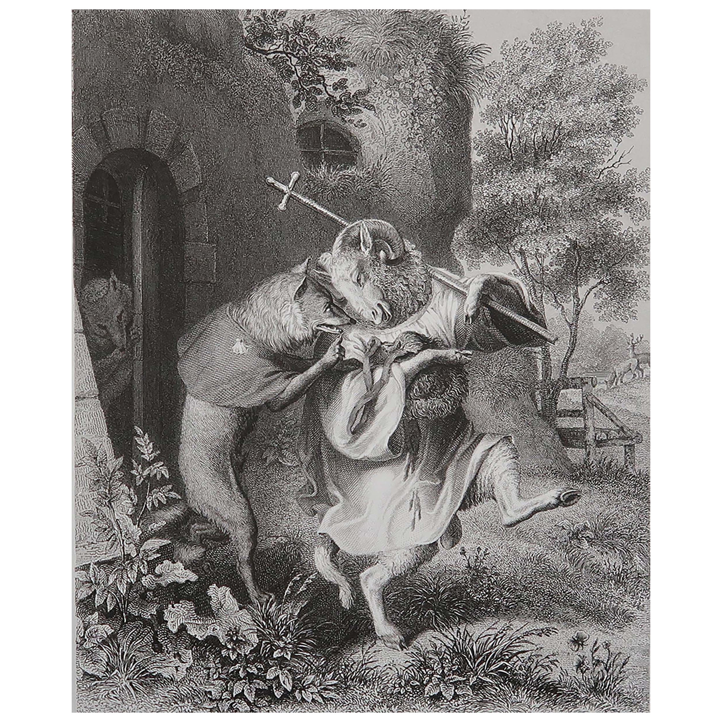 Gravure ancienne originale d'après H. Leutemann, Reynard le Renard et Bellin