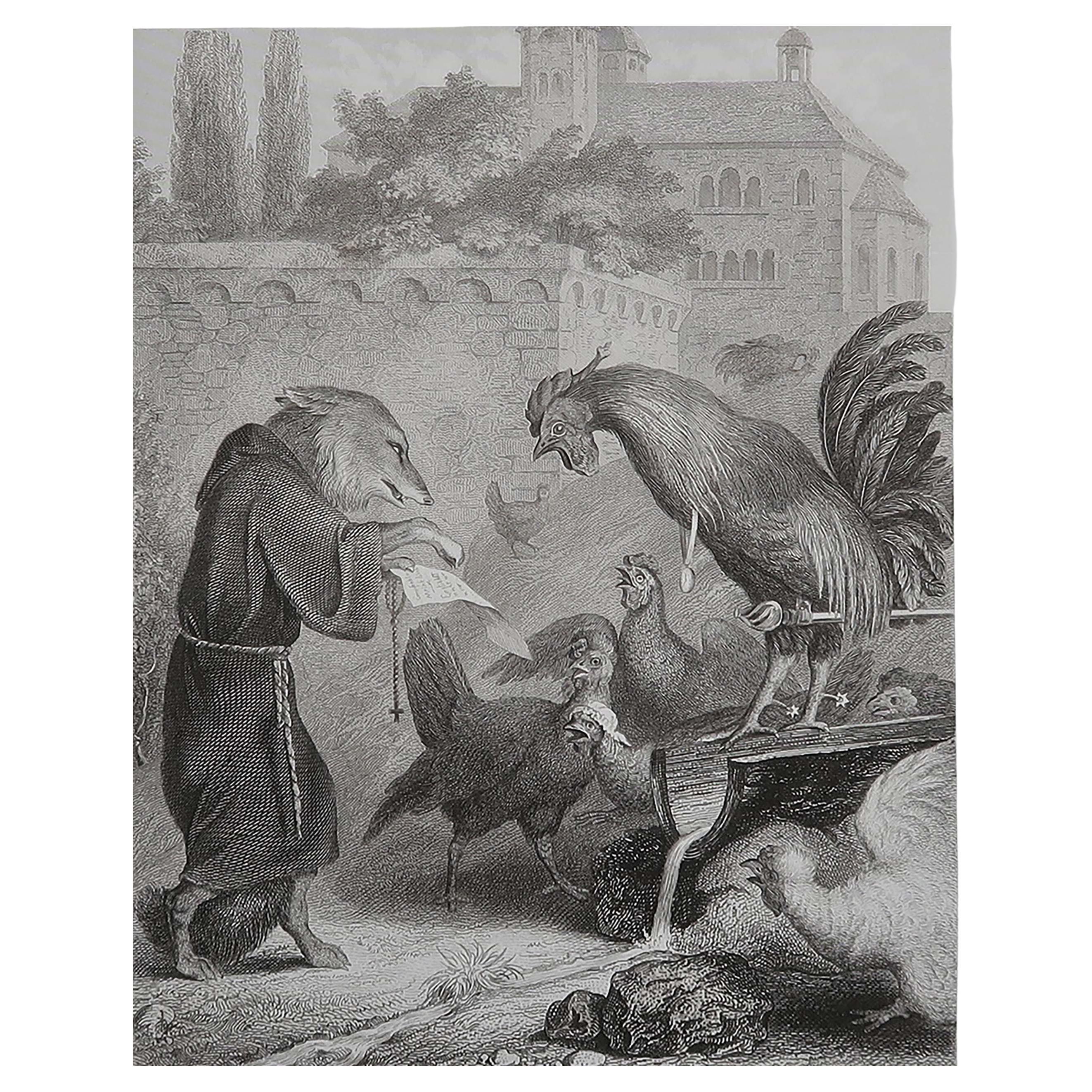 Gravure ancienne originale d'après H. Leutemann, Reynard le Renard et Henning