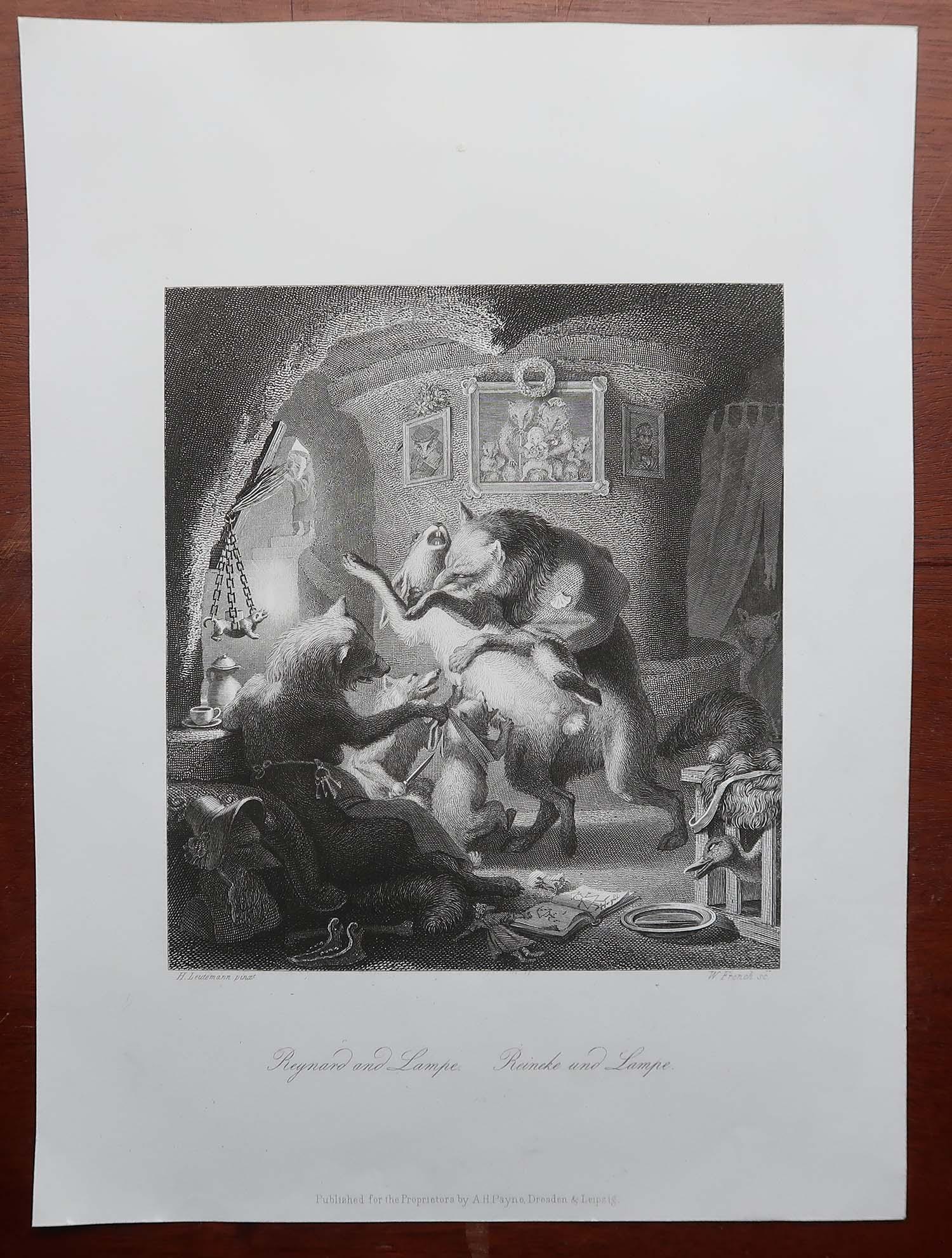 Forêt-Noire Gravure ancienne originale d'après H. Leutemann, Reynard le Renard et la Lampe en vente