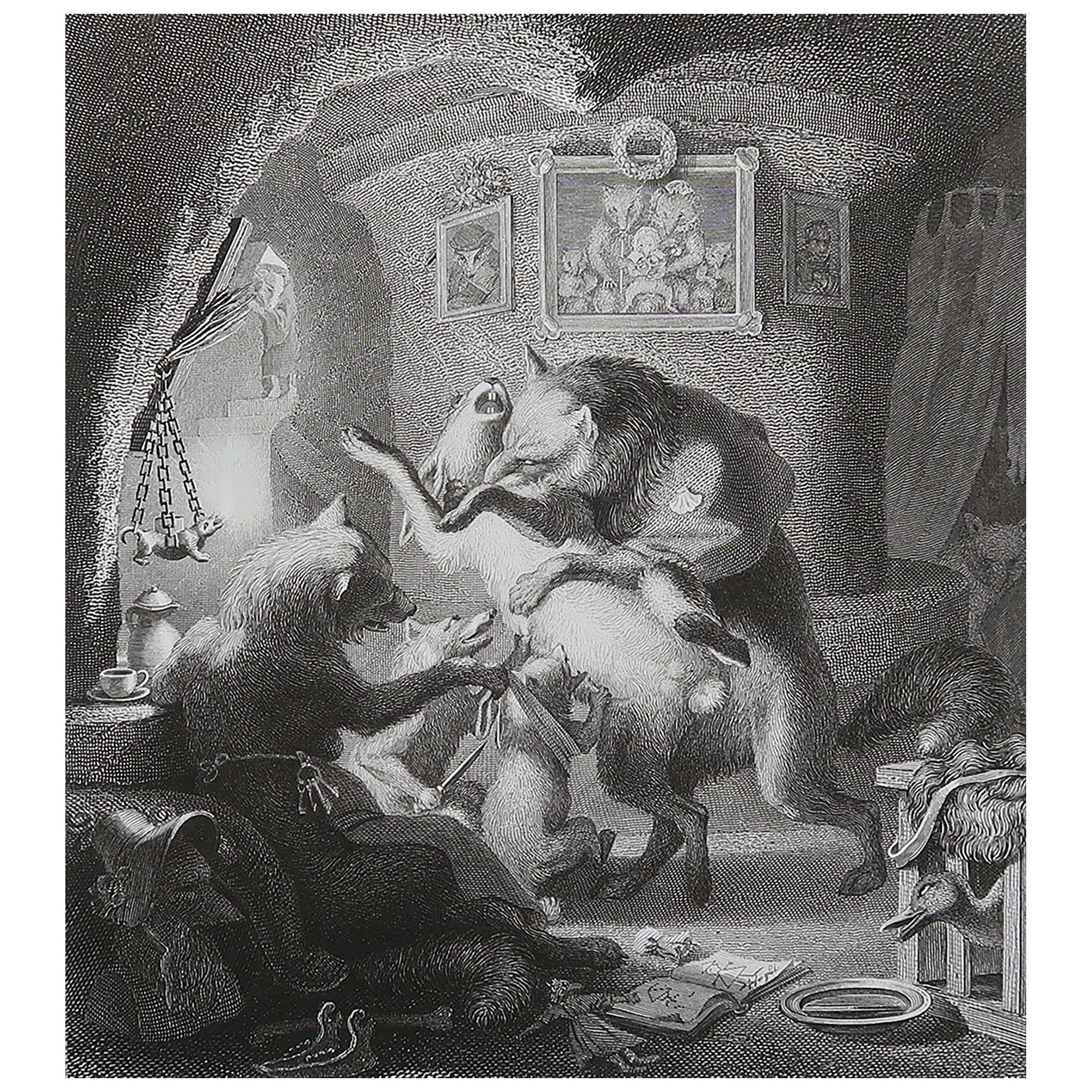Gravure ancienne originale d'après H. Leutemann, Reynard le Renard et la Lampe