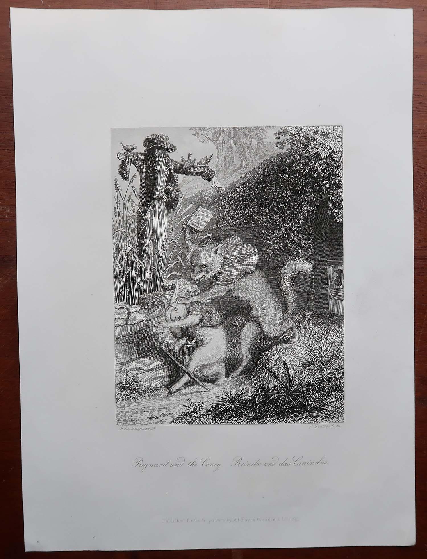 Forêt-Noire Gravure ancienne originale d'après H. H., Reynard le Renard et le Coney en vente