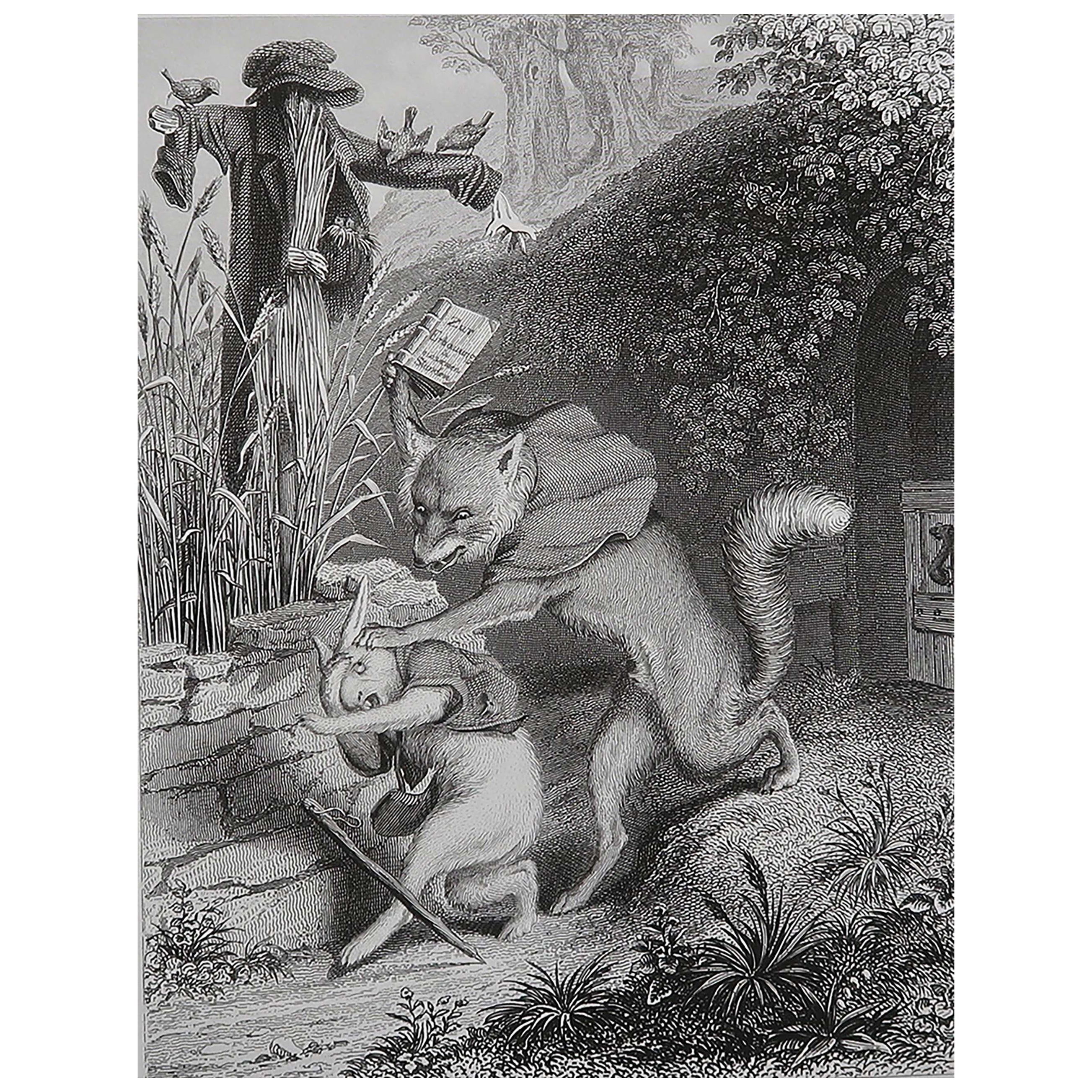 Gravure ancienne originale d'après H. H., Reynard le Renard et le Coney
