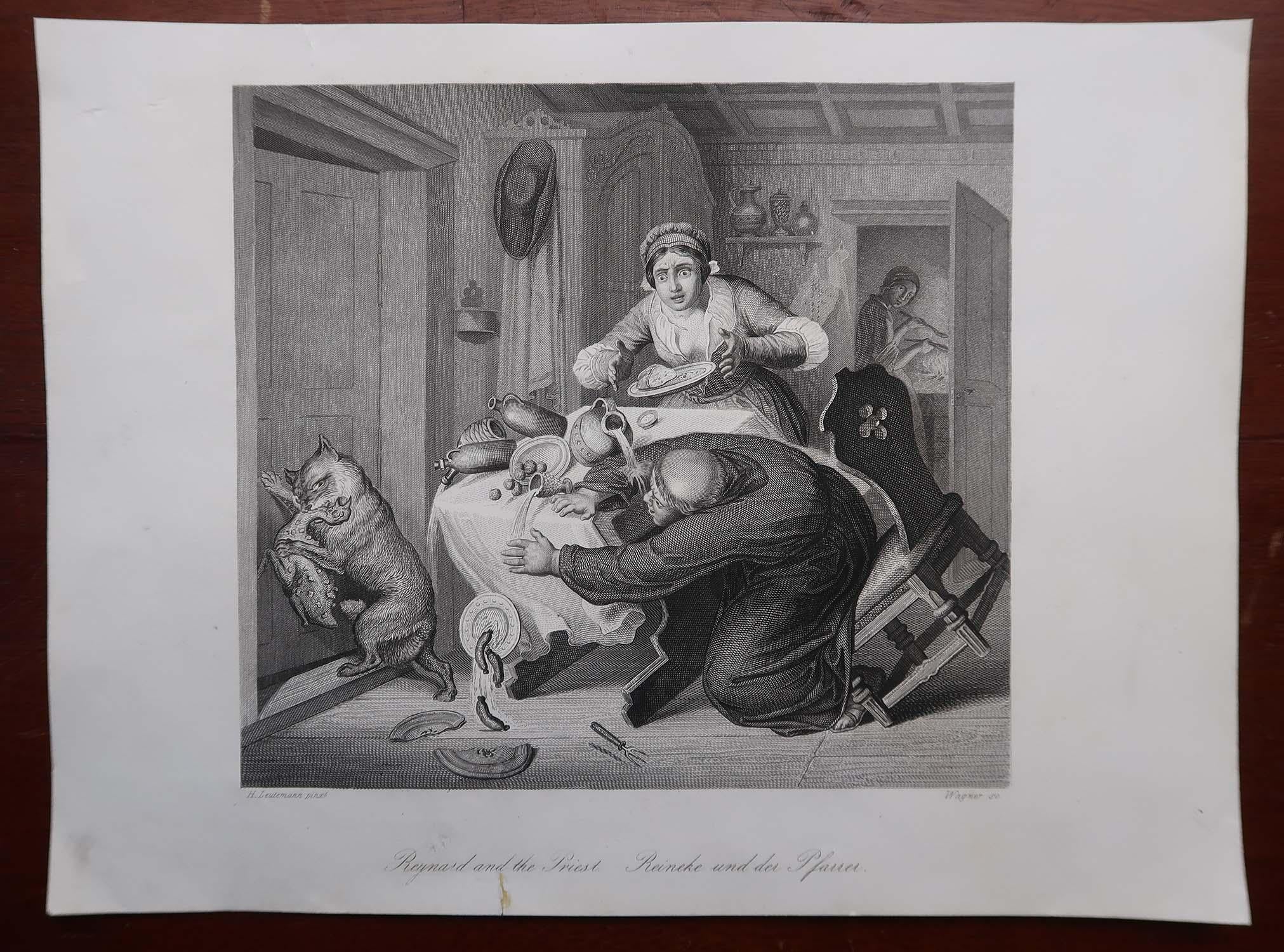 Forêt-Noire Gravure ancienne originale d'après H. H., Reynard le renard et le prêtre en vente