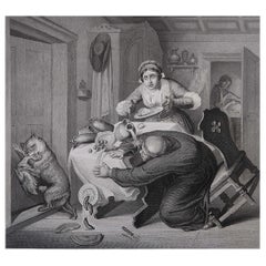 Gravure ancienne originale d'après H. H., Reynard le renard et le prêtre