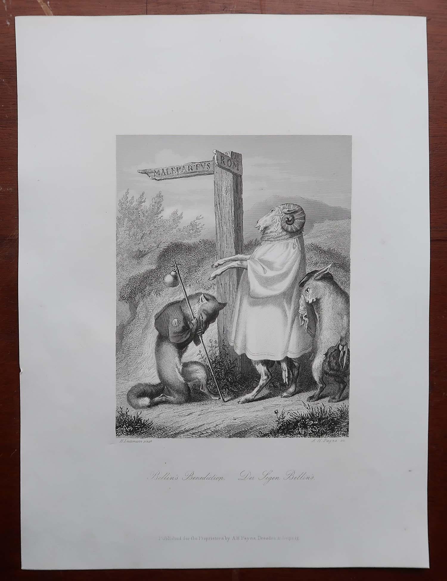 Anglais Gravure ancienne originale d'après H. Leutemann, Reynard le renard - La bénédiction de Bellin en vente