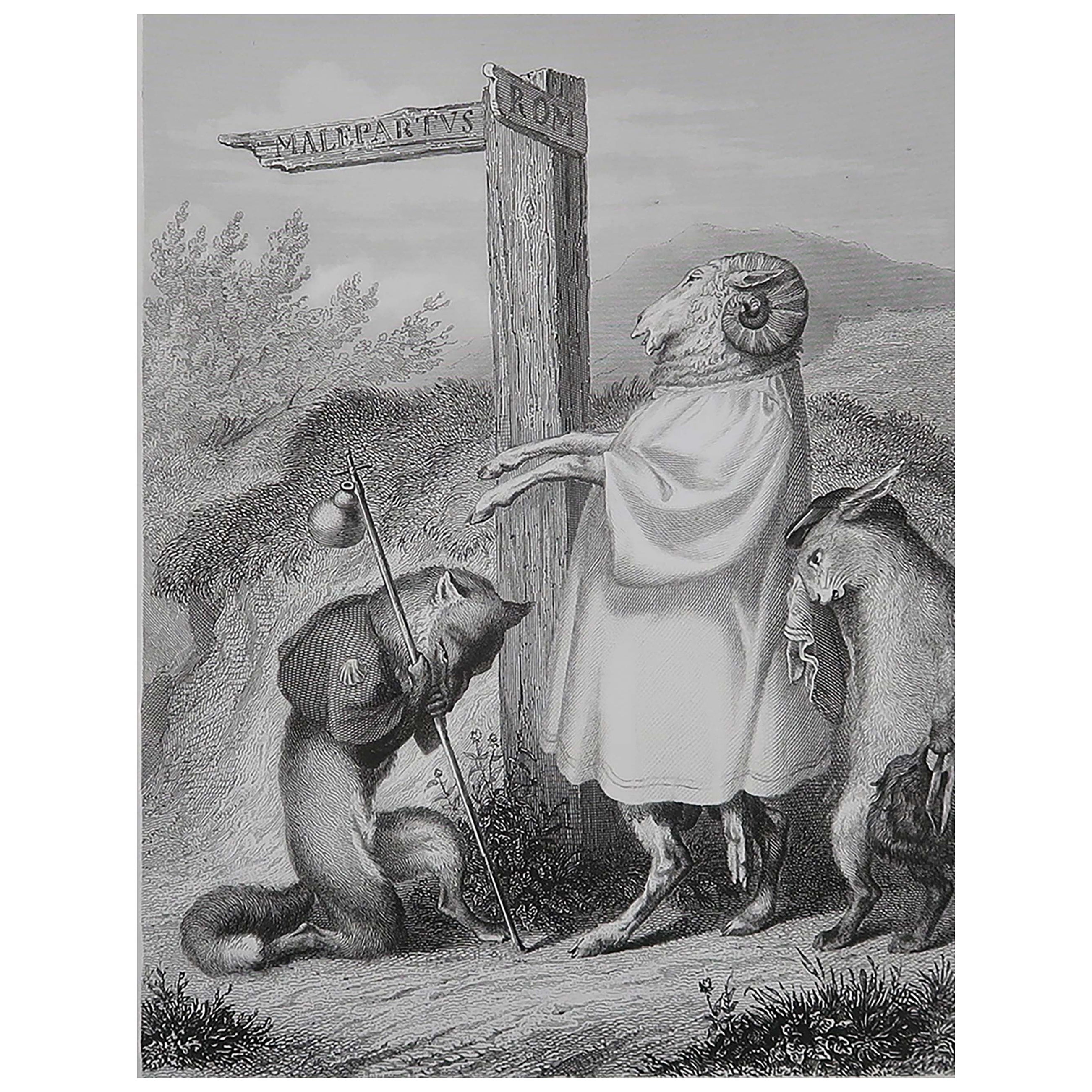 Gravure ancienne originale d
après H. Leutemann, Reynard le renard - La bénédiction de Bellin