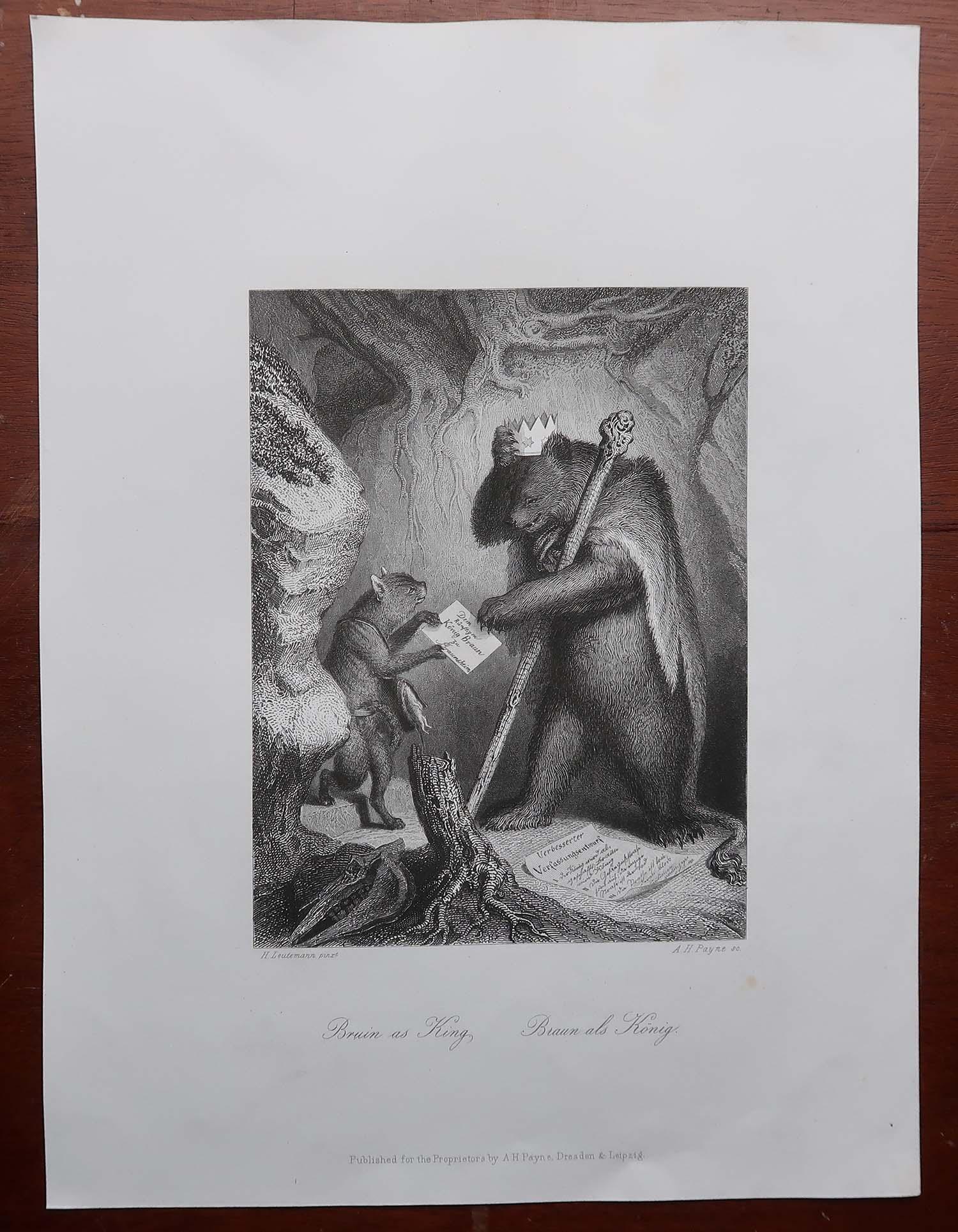 Antiker Originaldruck nach H. Leutemann, Reynard der Fuchs - Bruin als König (Englisch) im Angebot