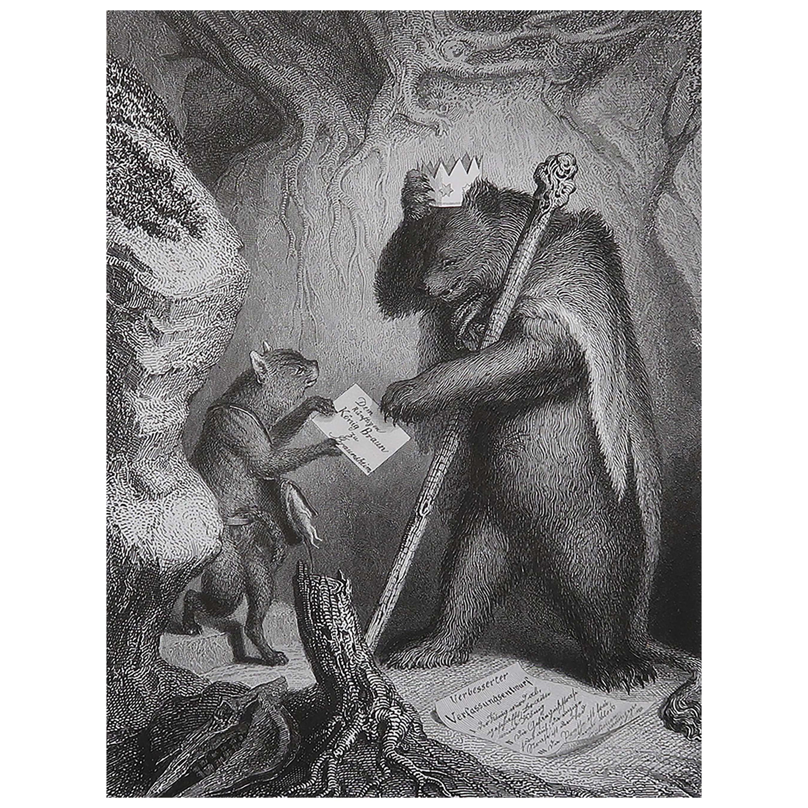 Gravure ancienne originale d'après H. Leutemann, Reynard le renard - Bruin comme roi