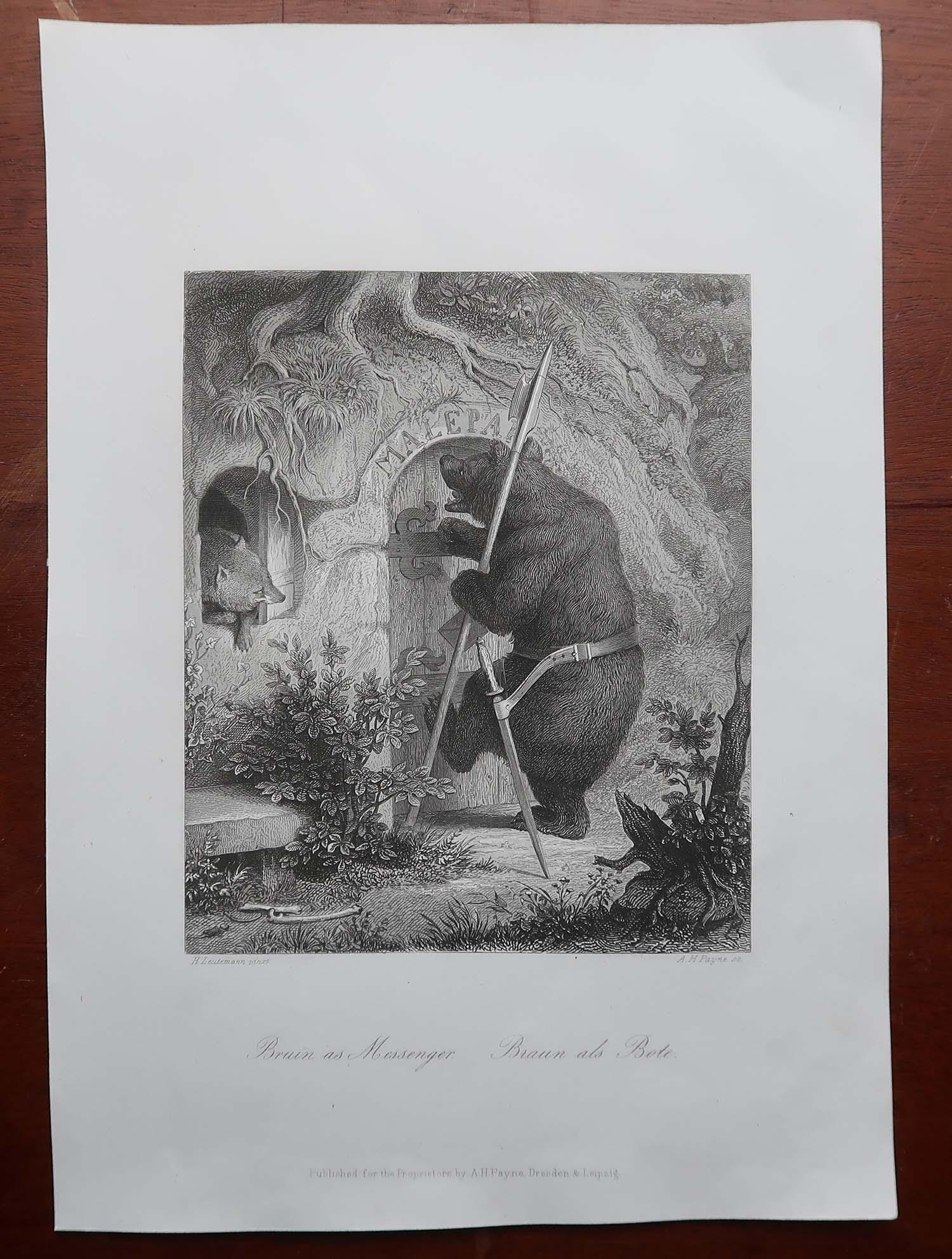 Anglais Gravure ancienne originale d'après H. Leutemann, Reynard le Renard - Bruin comme messager en vente
