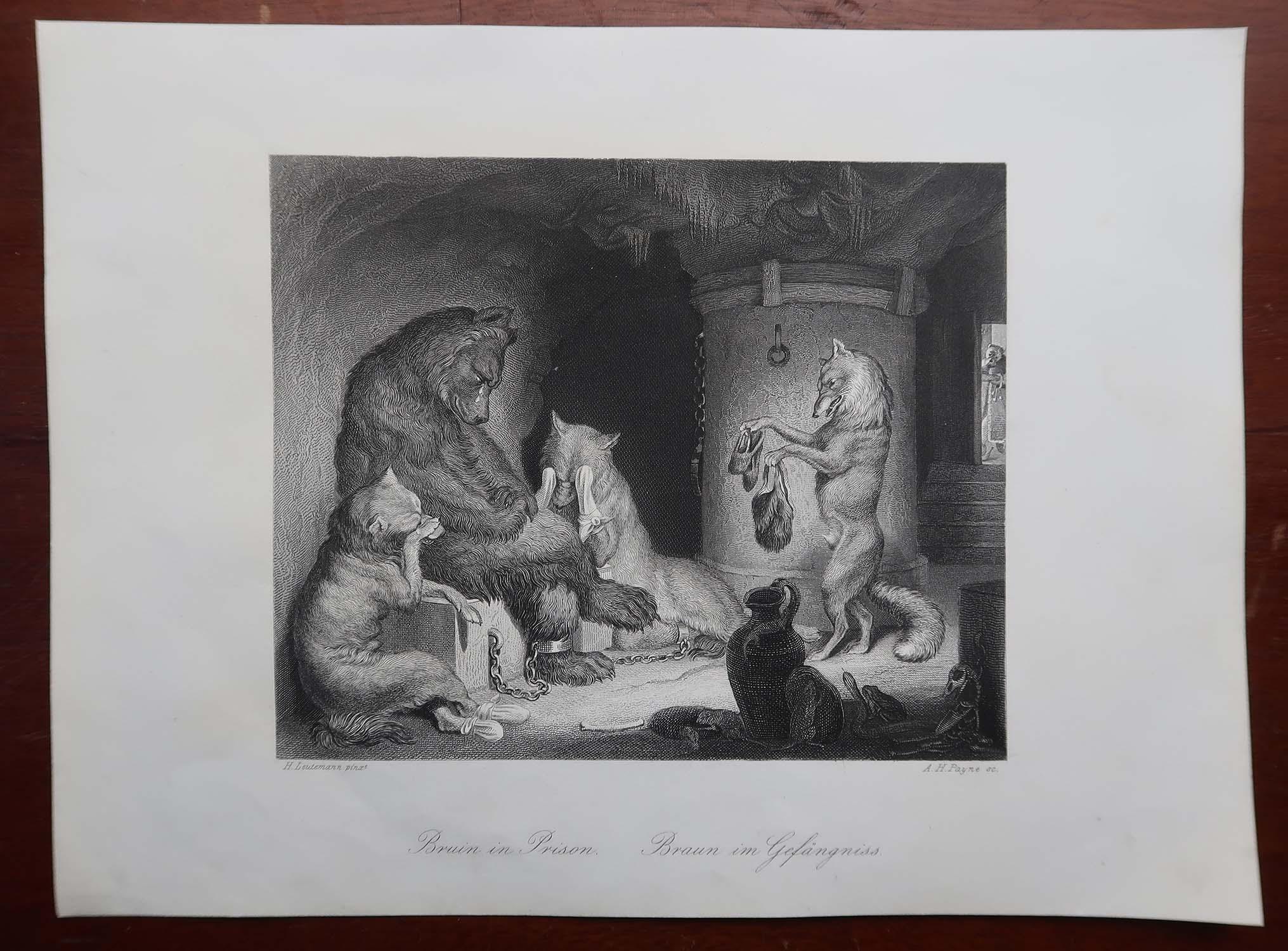 Forêt-Noire Gravure ancienne originale d'après H. Leutemann, Reynard le Renard - Bruin en prison en vente