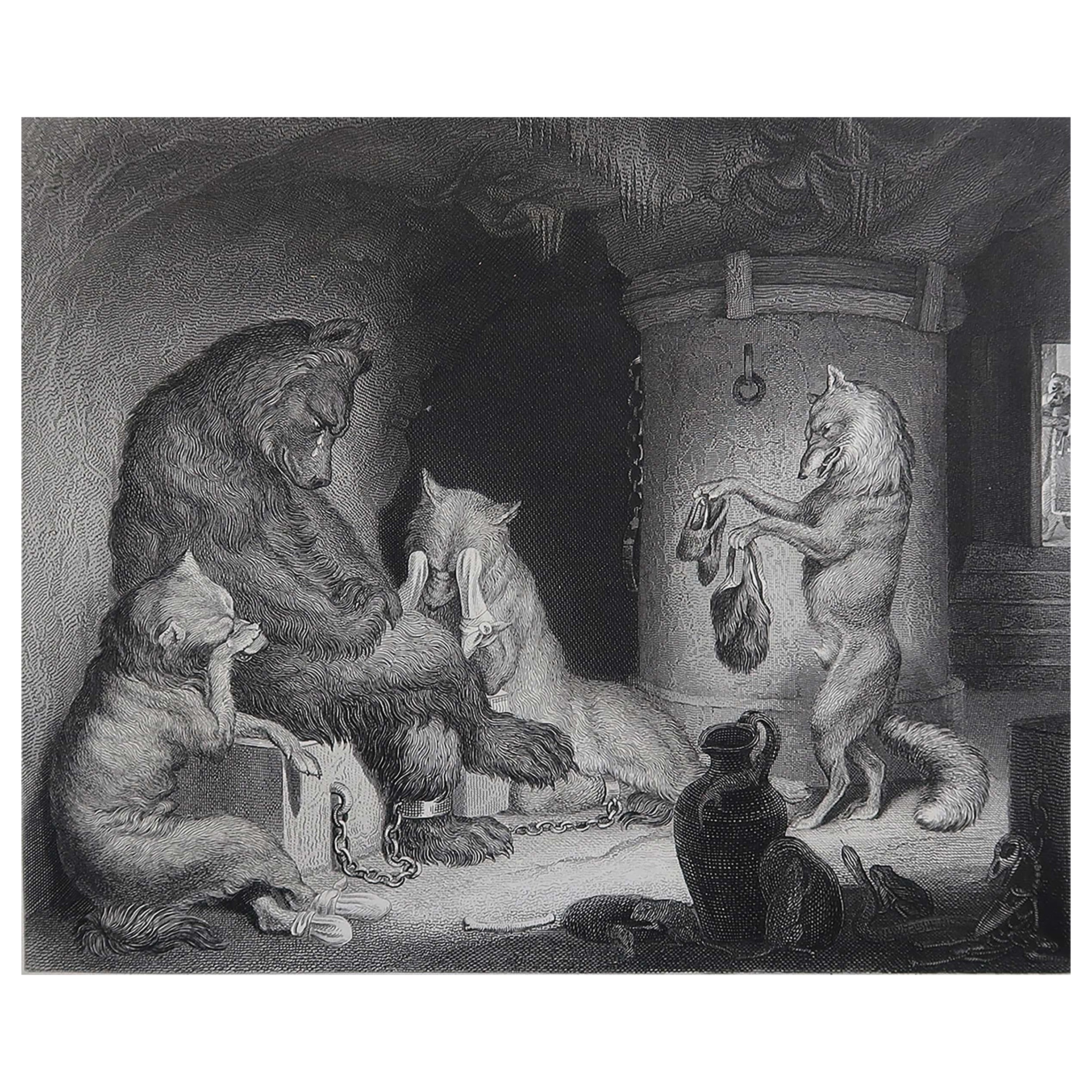 Gravure ancienne originale d'après H. Leutemann, Reynard le Renard - Bruin en prison