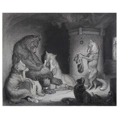 Gravure ancienne originale d'après H. Leutemann, Reynard le Renard - Bruin en prison