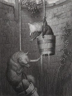 Gravure ancienne originale d'après H. Leutemann, Reynard le Renard-Gieremund dans le puits