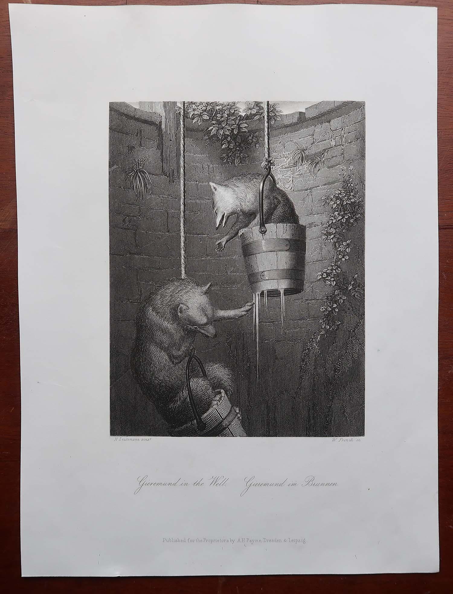 Anglais Gravure ancienne originale d'après H. Leutemann, Reynard le Renard-Gieremund dans le puits en vente