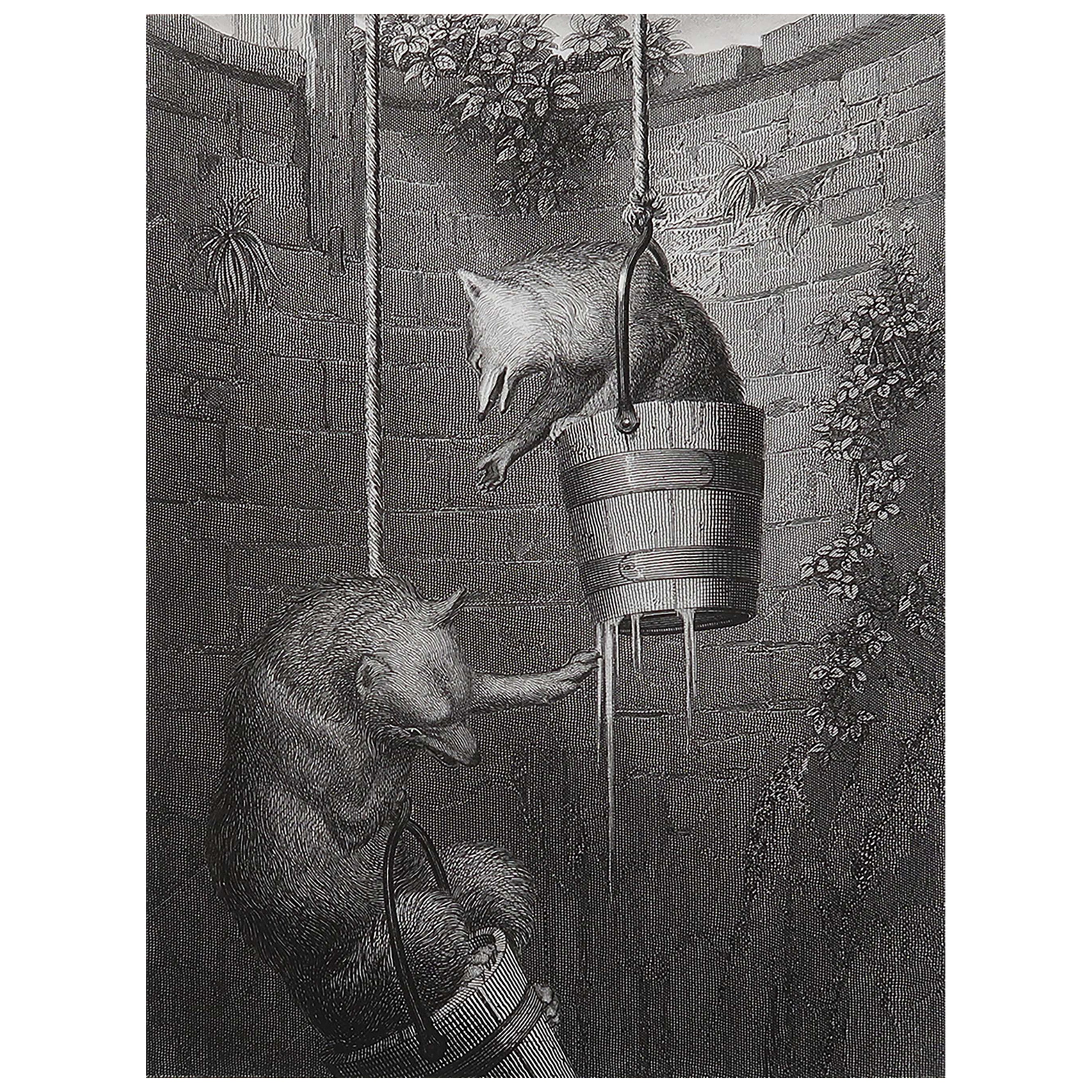 Gravure ancienne originale d
après H. Leutemann, Reynard le Renard-Gieremund dans le puits en vente