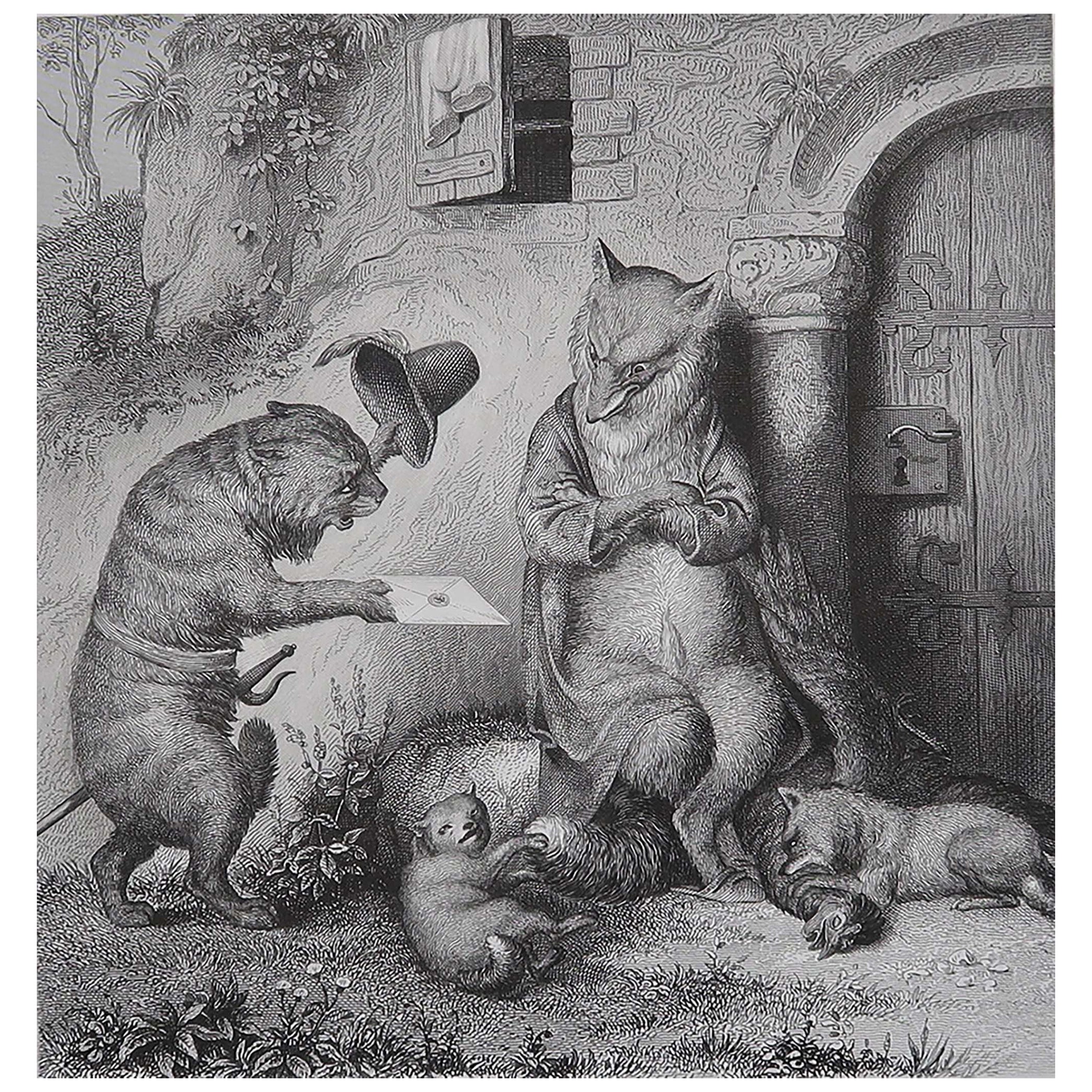 Gravure ancienne originale d'après H. Leutemann, Reynard le Renard - Hintze comme messager