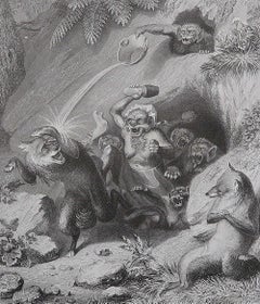 Original Antique Print After H. Leutemann, Reynard the Fox-Isegrim And Monkeys