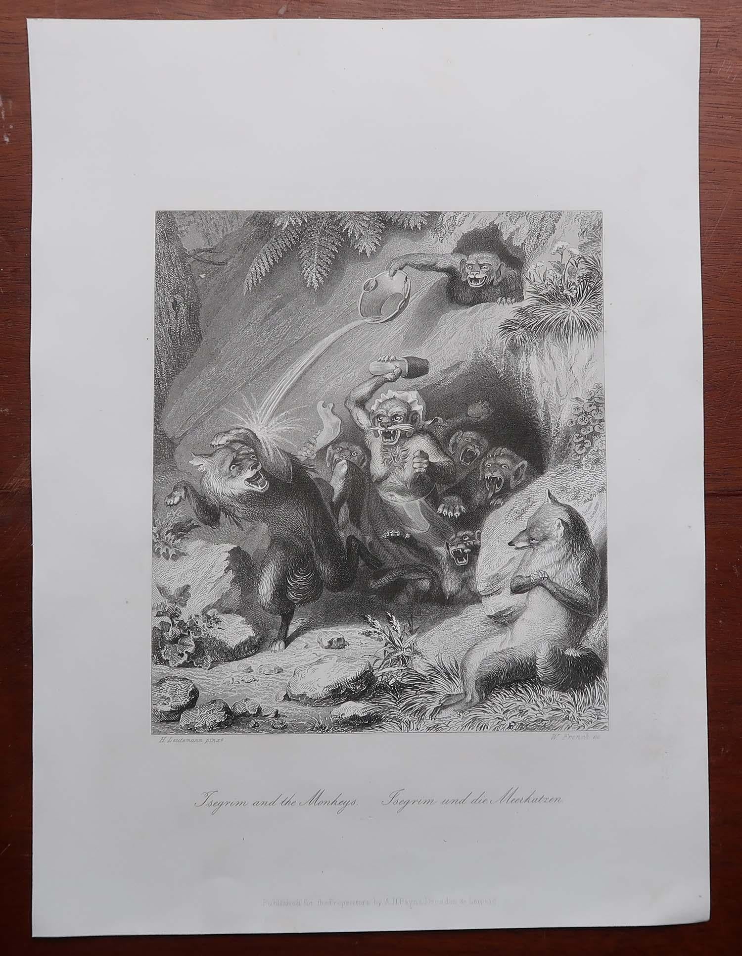 Forêt-Noire Gravure ancienne originale d'après H. Leutemann, Reynard le renard-Isegrim et les singes en vente