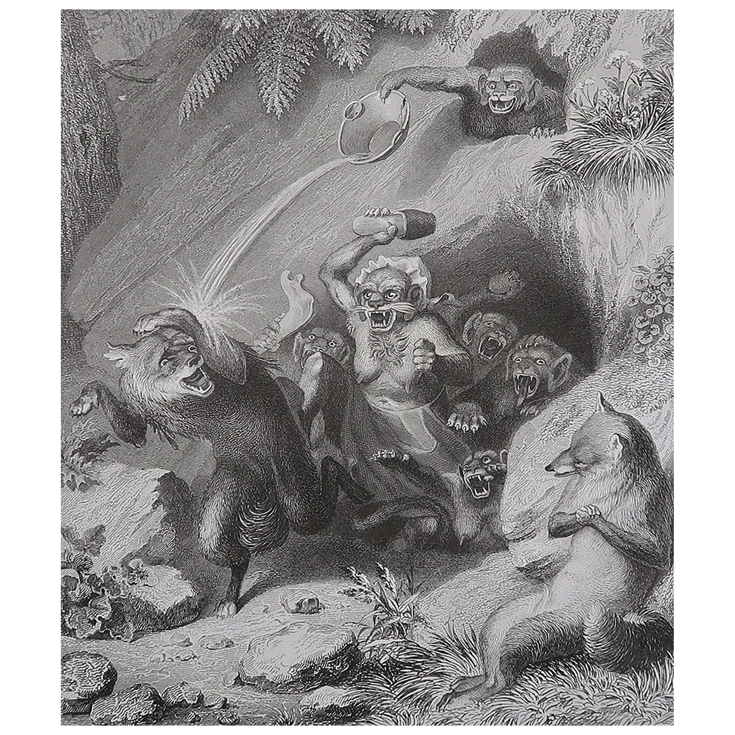 Gravure ancienne originale d'après H. Leutemann, Reynard le renard-Isegrim et les singes