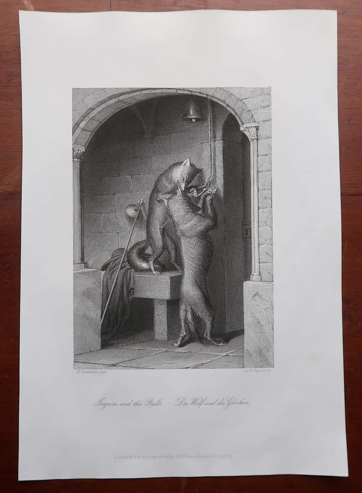 Forêt-Noire Gravure ancienne originale d'après H. Leutemann, Reynard le renard-Isegrim et les cloches en vente