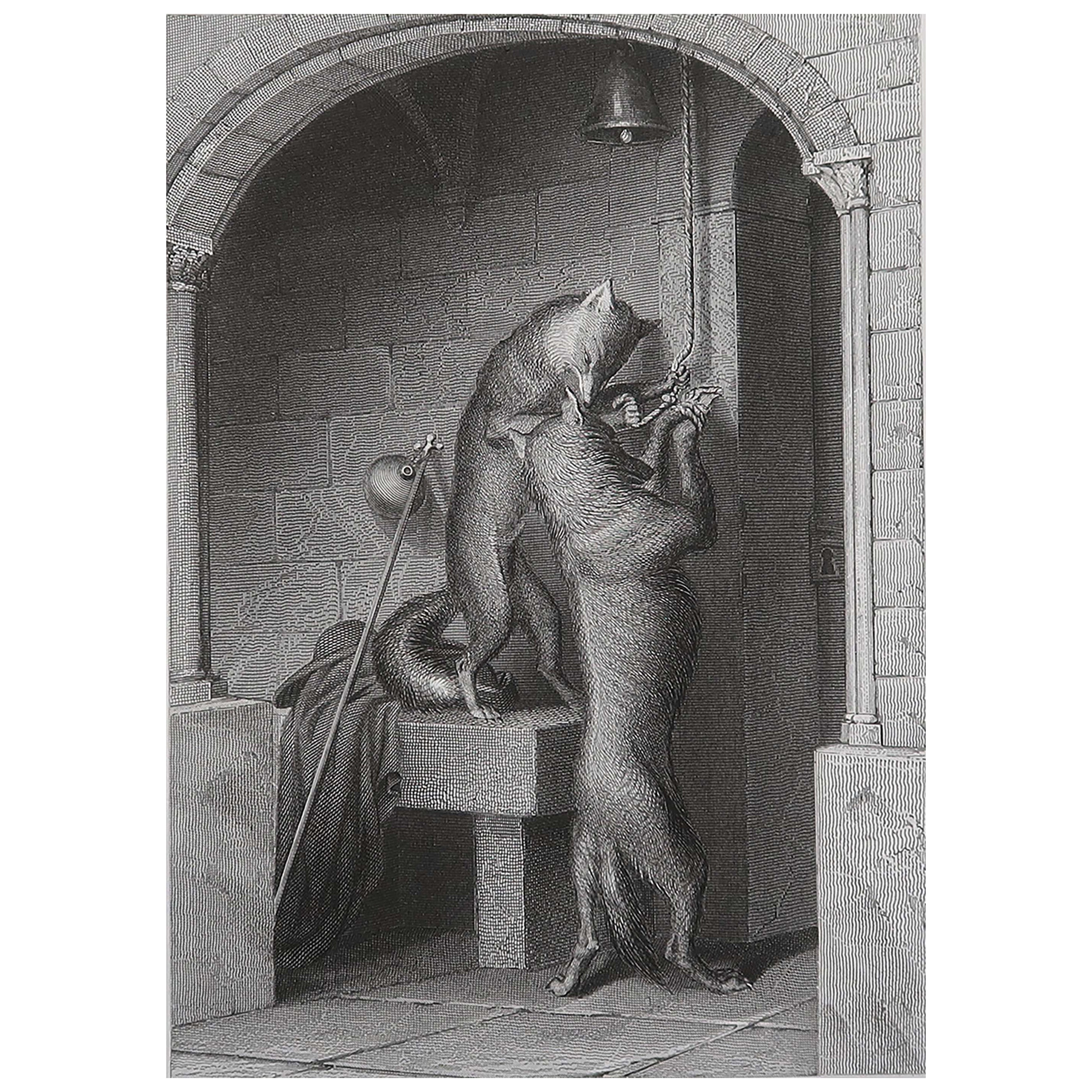 Gravure ancienne originale d'après H. Leutemann, Reynard le renard-Isegrim et les cloches