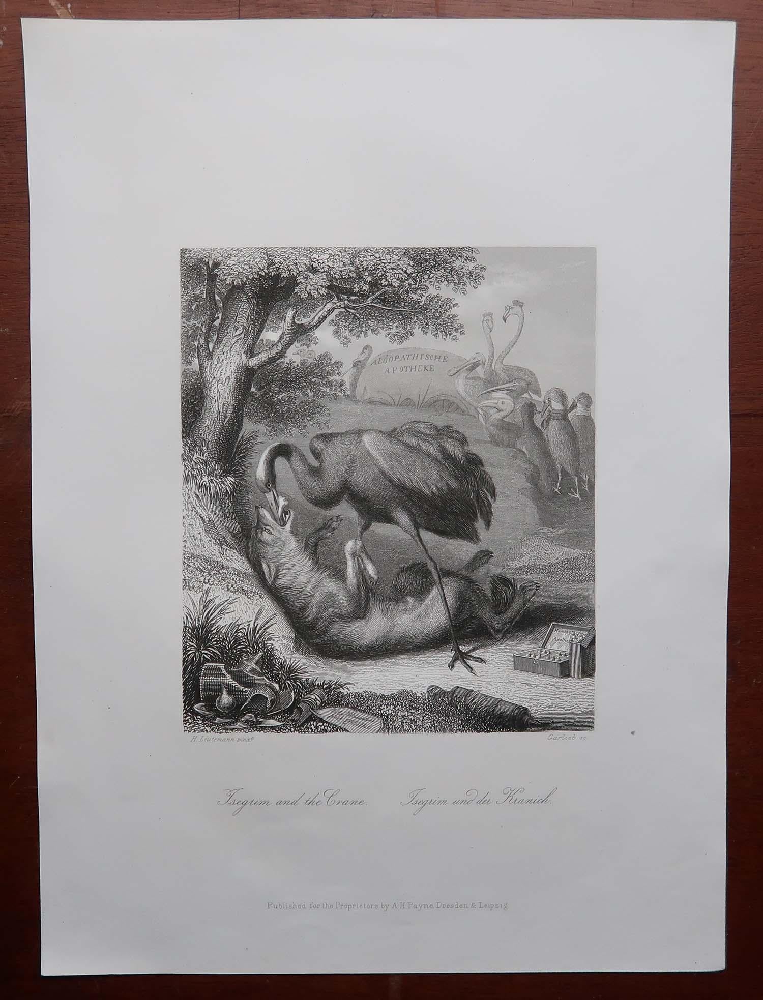 Forêt-Noire Gravure ancienne originale d'après H. Leutemann, Reynard le Renard-Isegrim et la Grue en vente