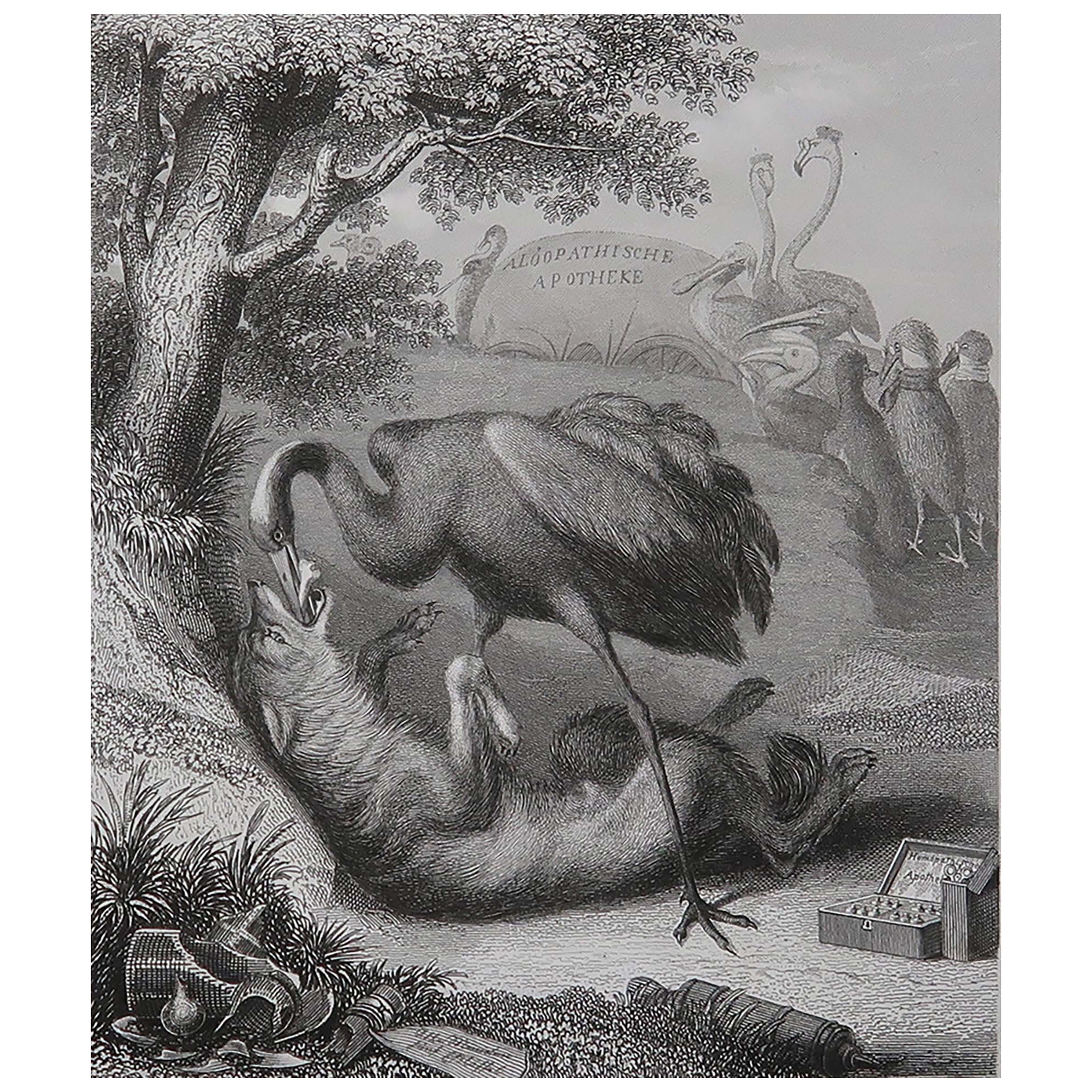 Gravure ancienne originale d
après H. Leutemann, Reynard le Renard-Isegrim et la Grue en vente