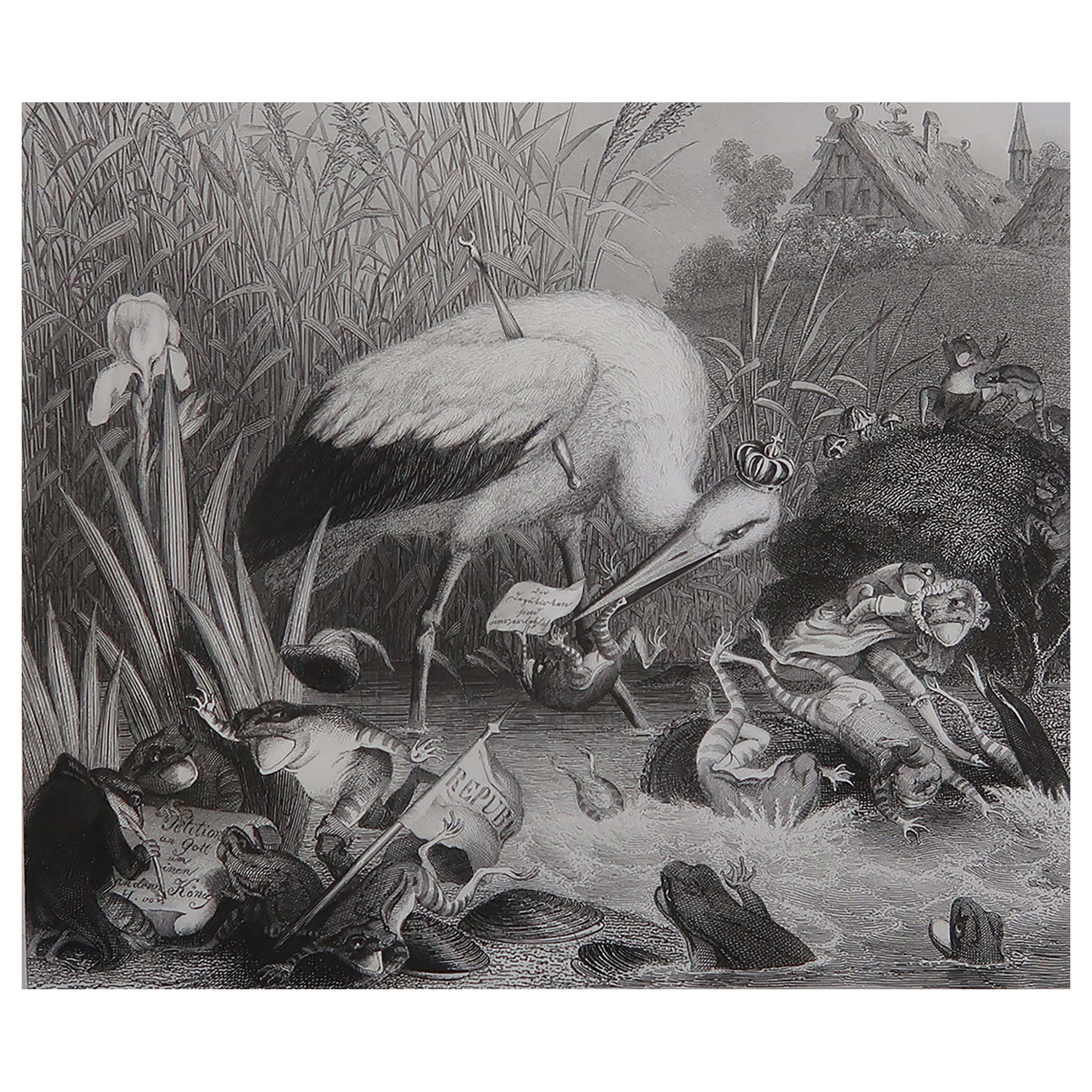 Gravure ancienne originale d
après H. Leutemann, Reynard le renard - Cigogne royale et grenouilles