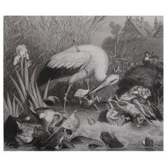 Original Antique Print After H. Leutemann, Reynard the Fox- King Stork And Frogs
