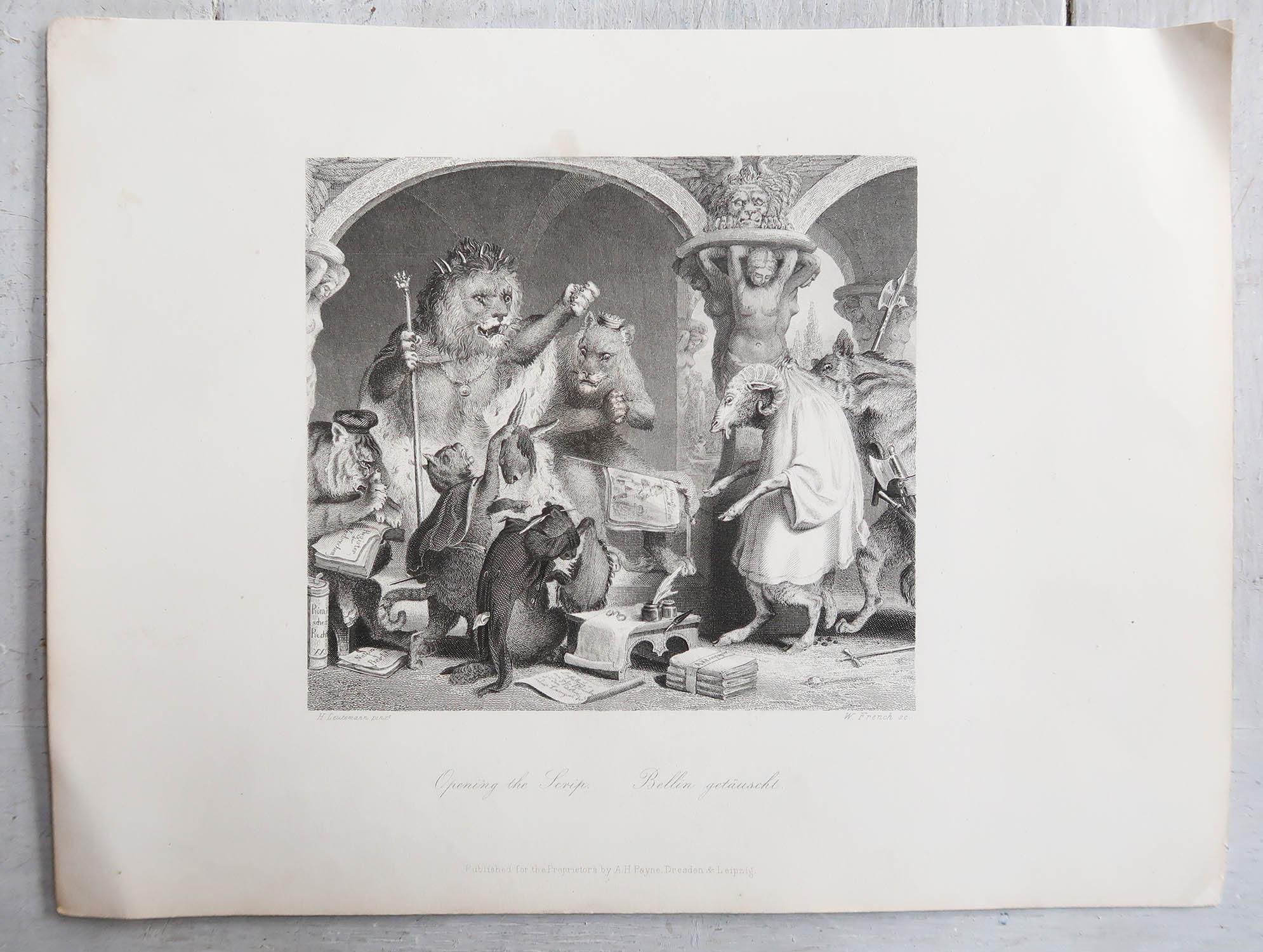 English Original Antique Print After H. Leutemann, Reynard the Fox Opening the Scrip For Sale