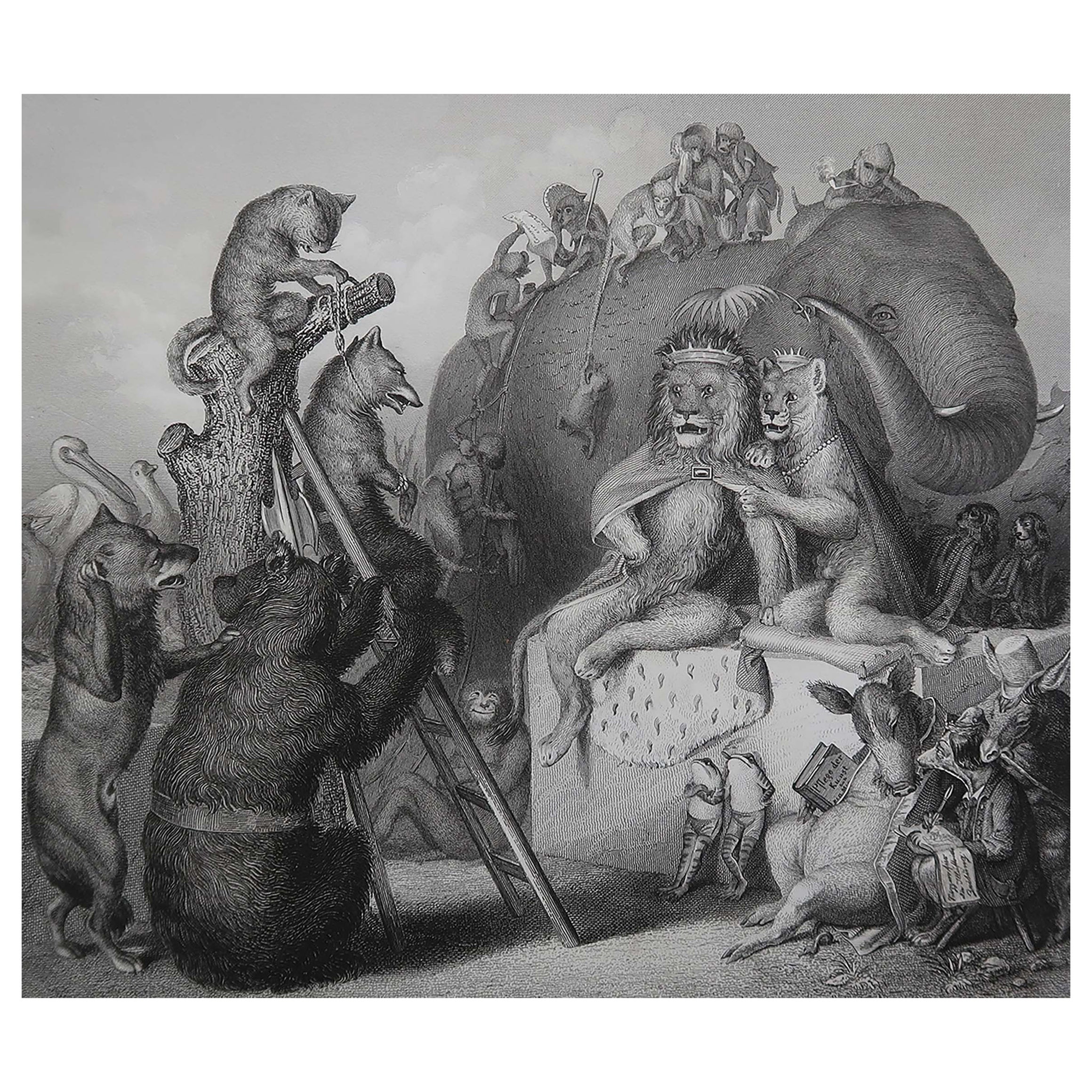 Gravure ancienne originale d'après H. H., Reynard le Renard - Lieu d'exécution