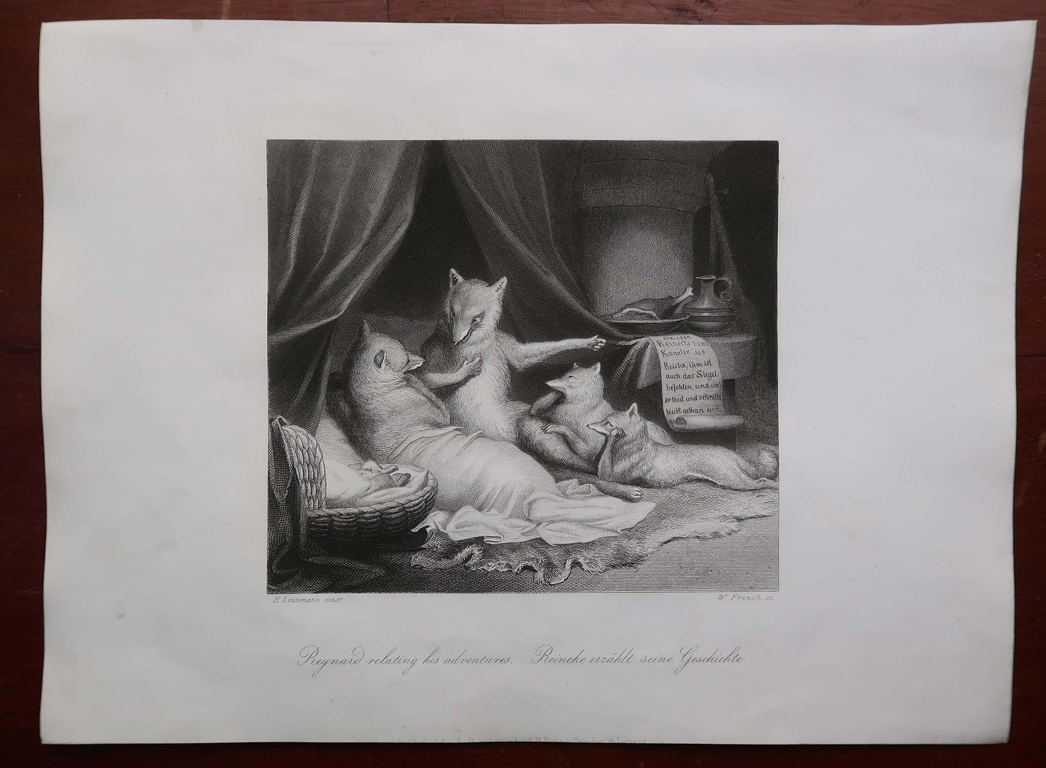 Forêt-Noire Gravure ancienne originale d'après H. Leutemann, Reynard le renard relatant ses aventures en vente